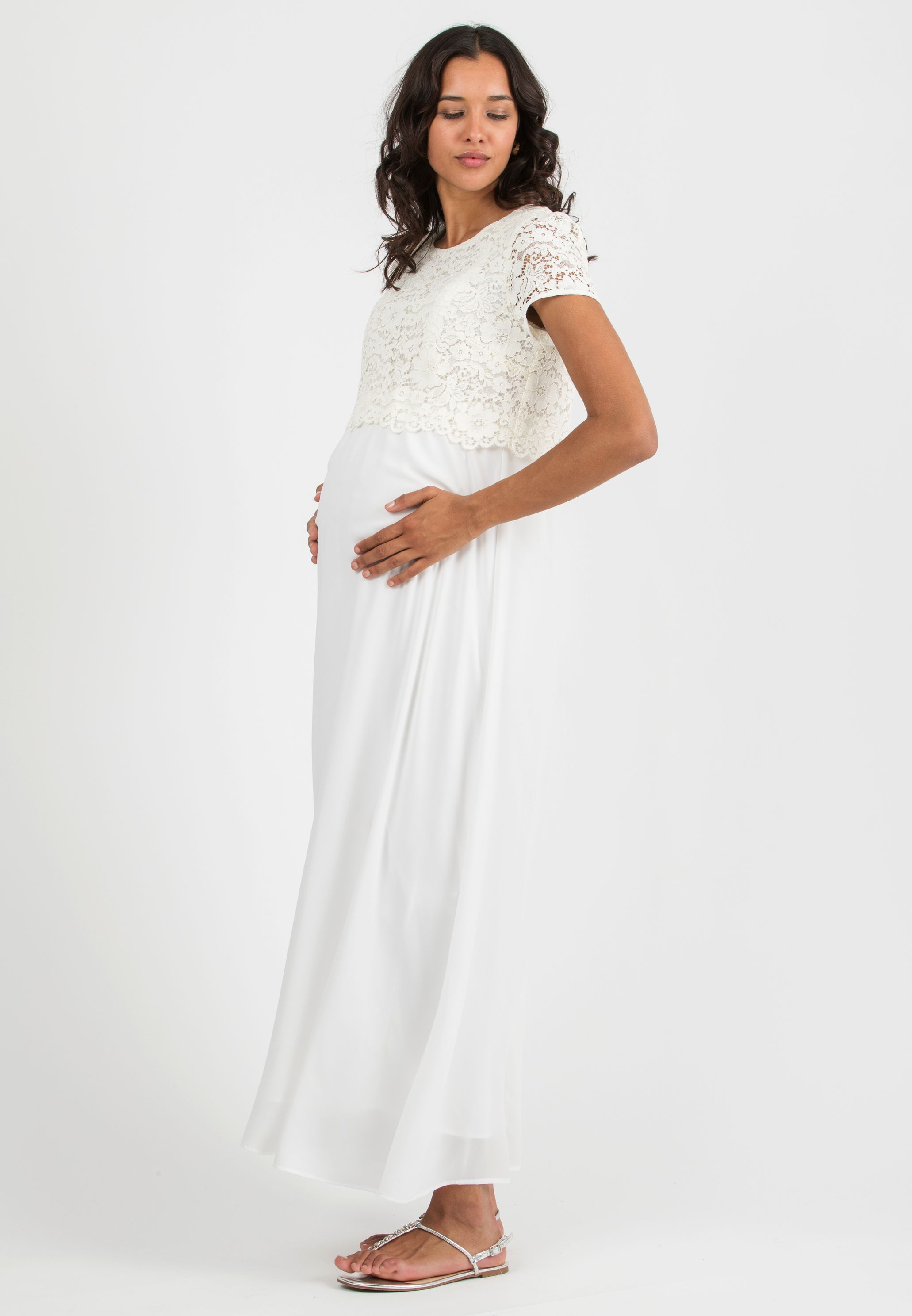 ELEONORA MAXI - Embroidered Long Maternity & Nursing Dress in Lace (Avorio)