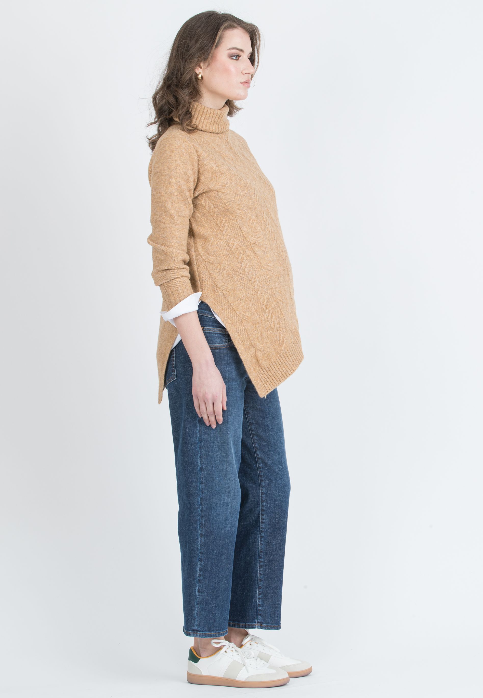 ANDREA - Asymmetric Maternity Jumper with Turtleneck and Cable Knit Detail (Cammello)