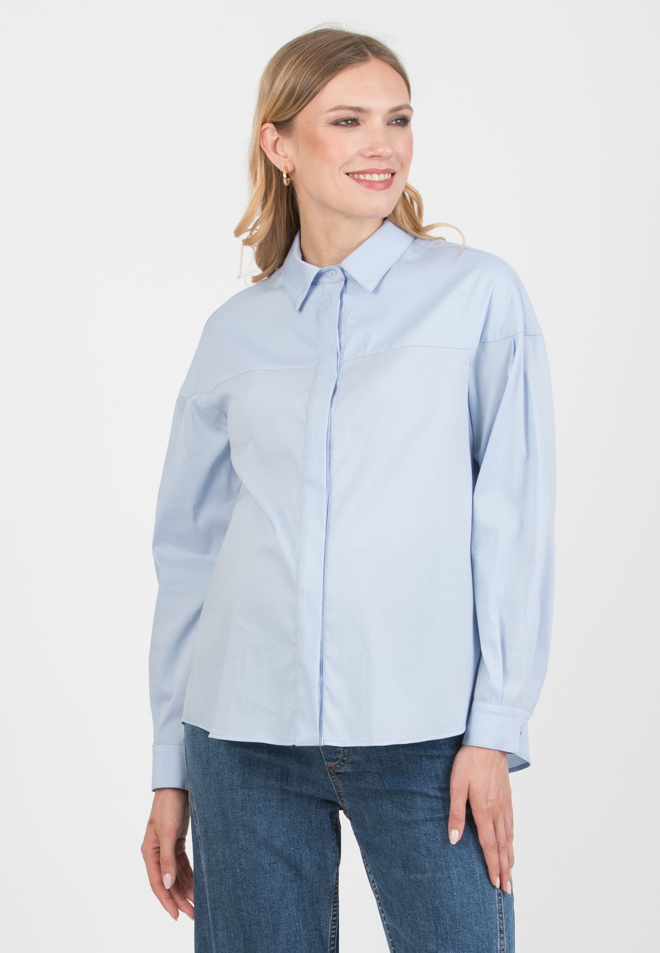 CAROLINA – Stretch Cotton Maternity & Nursing Shirt with Yoke and Cuffs (Azzurro)