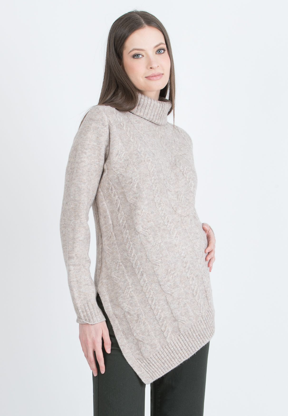 ANDREA - Asymmetric Maternity Jumper with Turtleneck and Cable Knit Detail (Sabbia)