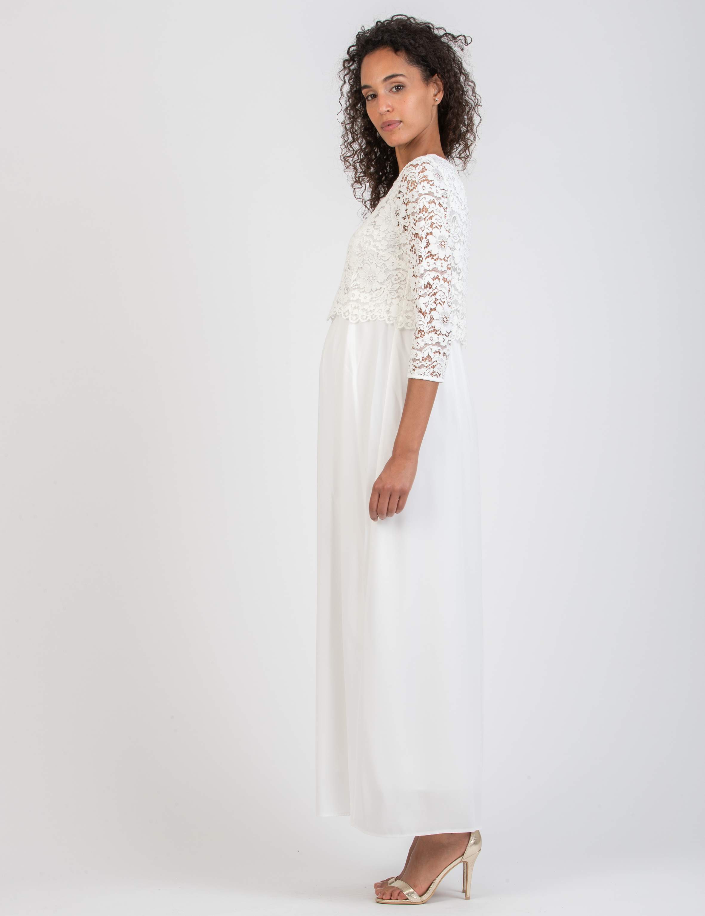 ELEONORA MAXI - Maternity & Nursing Dress in Lace and Chiffon (Avorio)