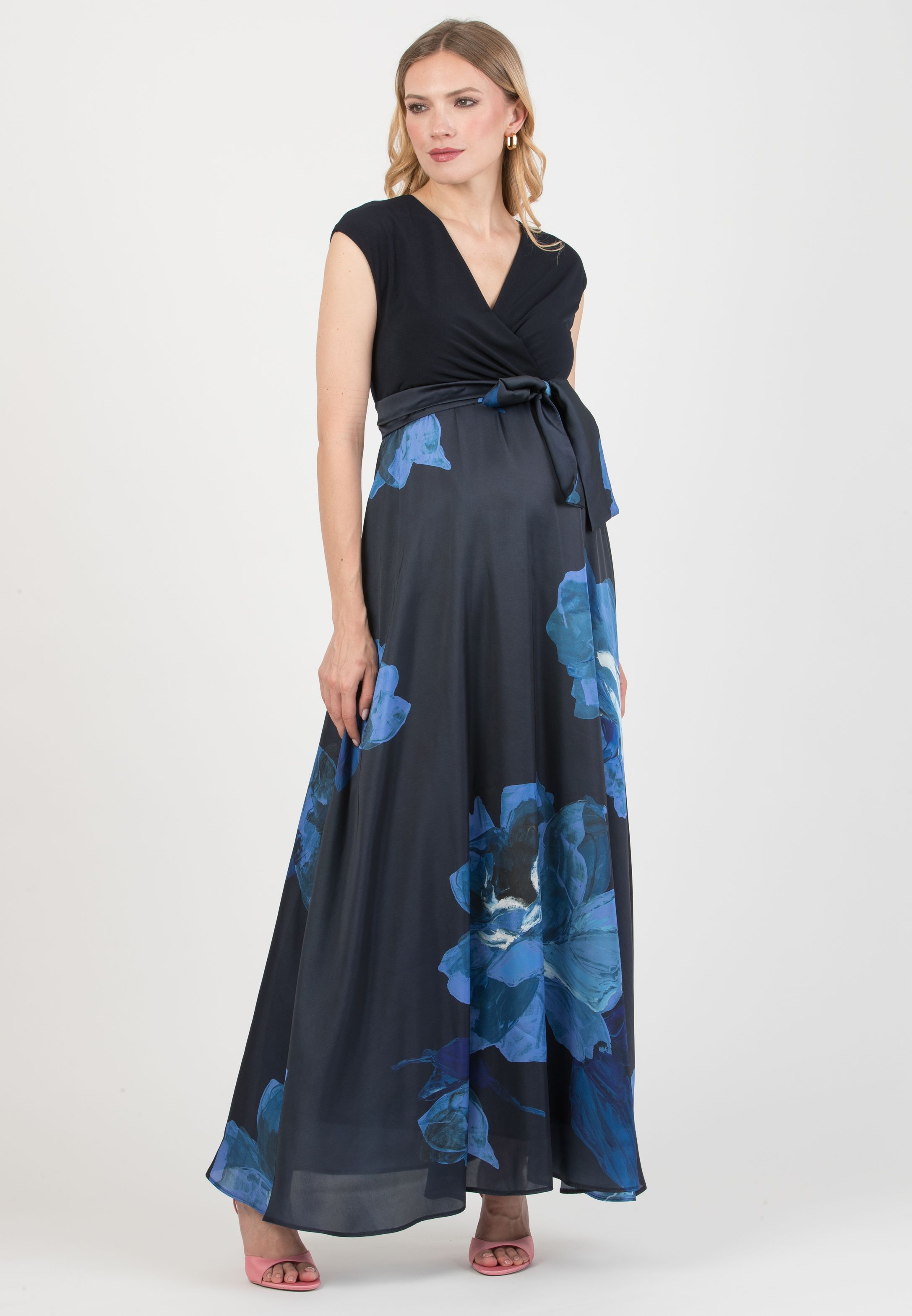 LUCREZIA - Maternity & Nursing Dress with Printed Satin Skirt (Blu)