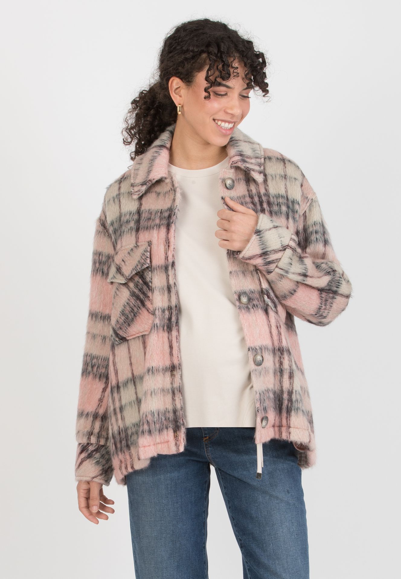 INDIA C – Short Maternity Coat in Virgin Wool with Pink Check Pattern and Pockets (Rosa)