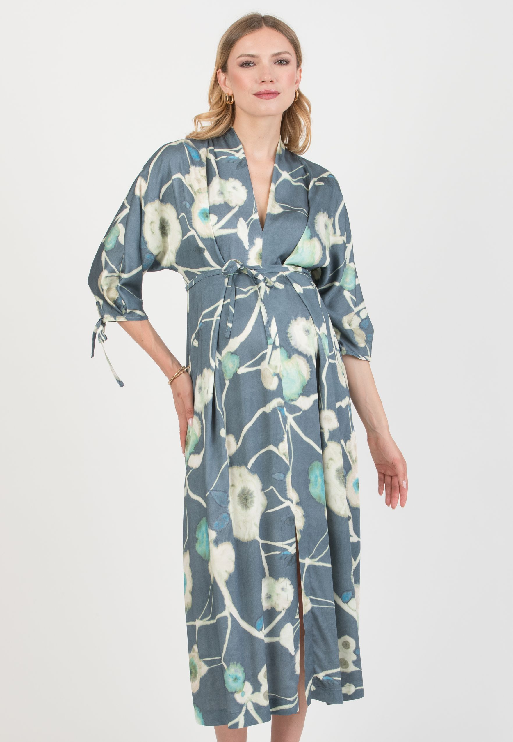 VIOLA – Maternity Kimono Dress in Viscose with Ties (Denim)