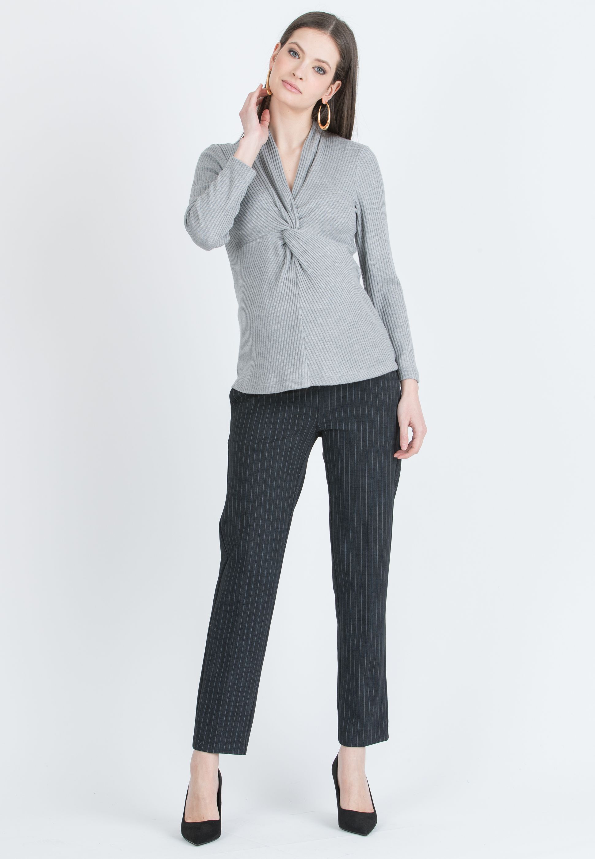 ELISA G - Maternity Tailored Slim Trousers in Warm Ponte di Roma with Pinstripe (Nero)