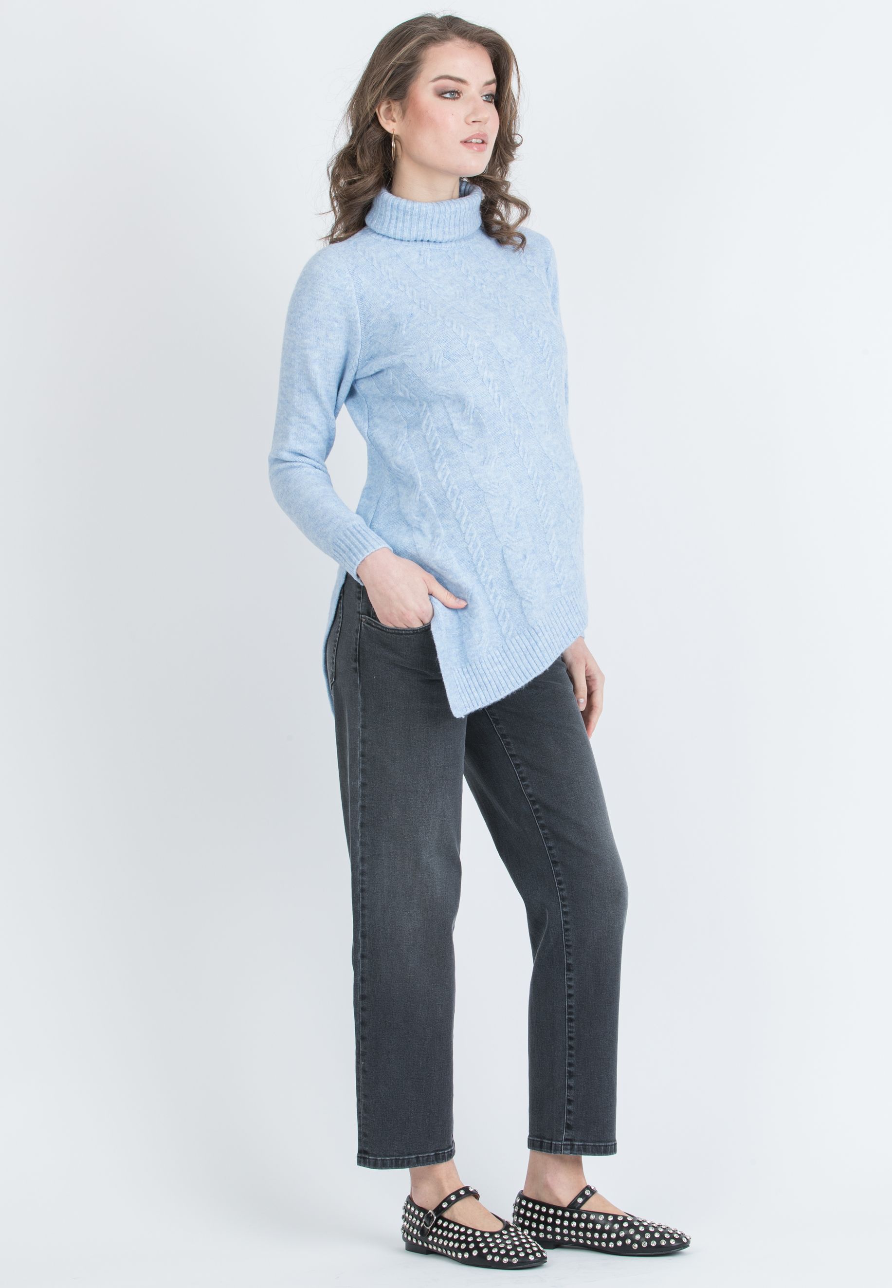 ANDREA - Asymmetric Maternity Jumper with Turtleneck and Cable Knit Detail (Azzurro)