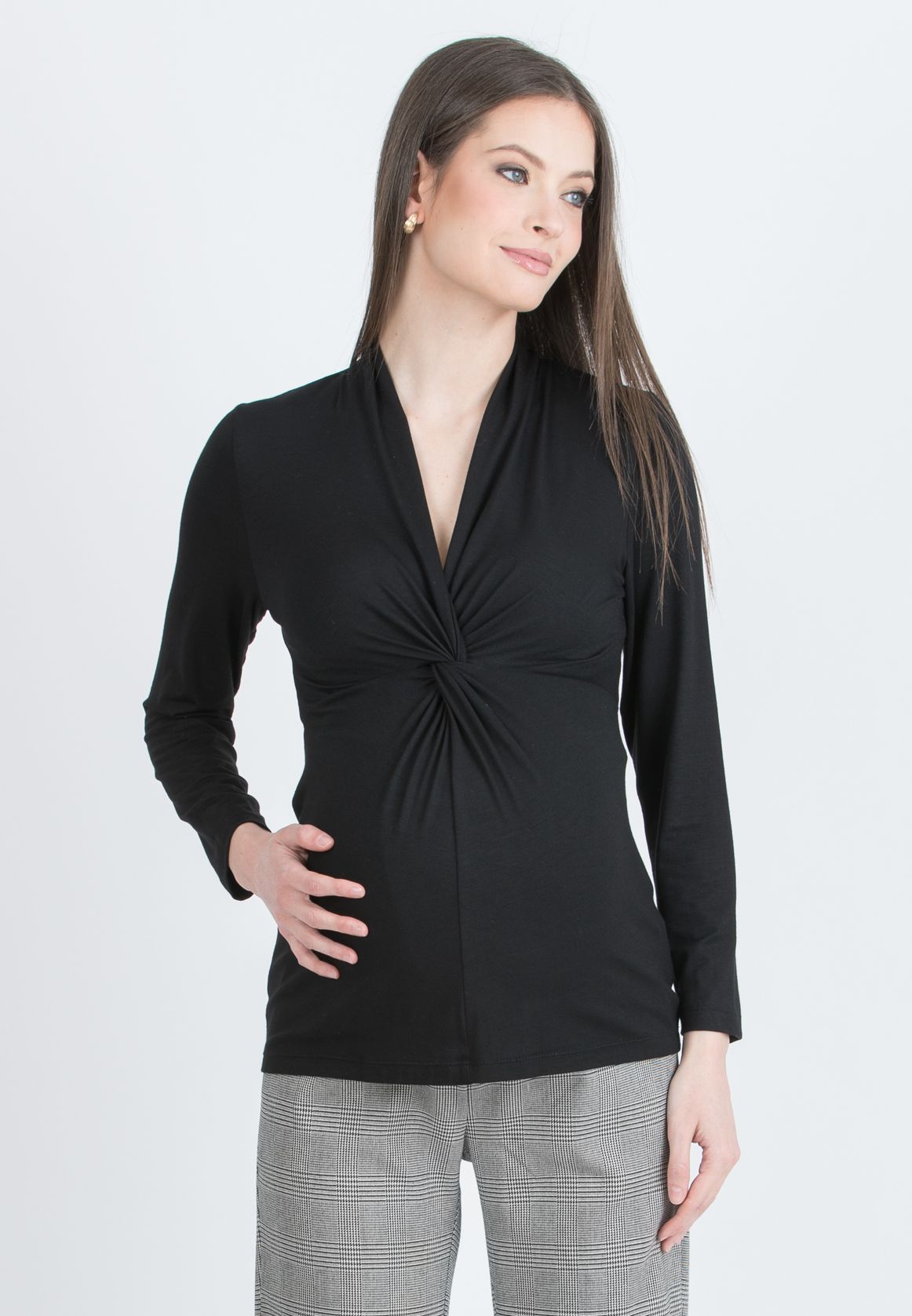 ISSA J – Maternity & Nursing Top in Stretch Viscose Jersey with Front Knot (Nero)