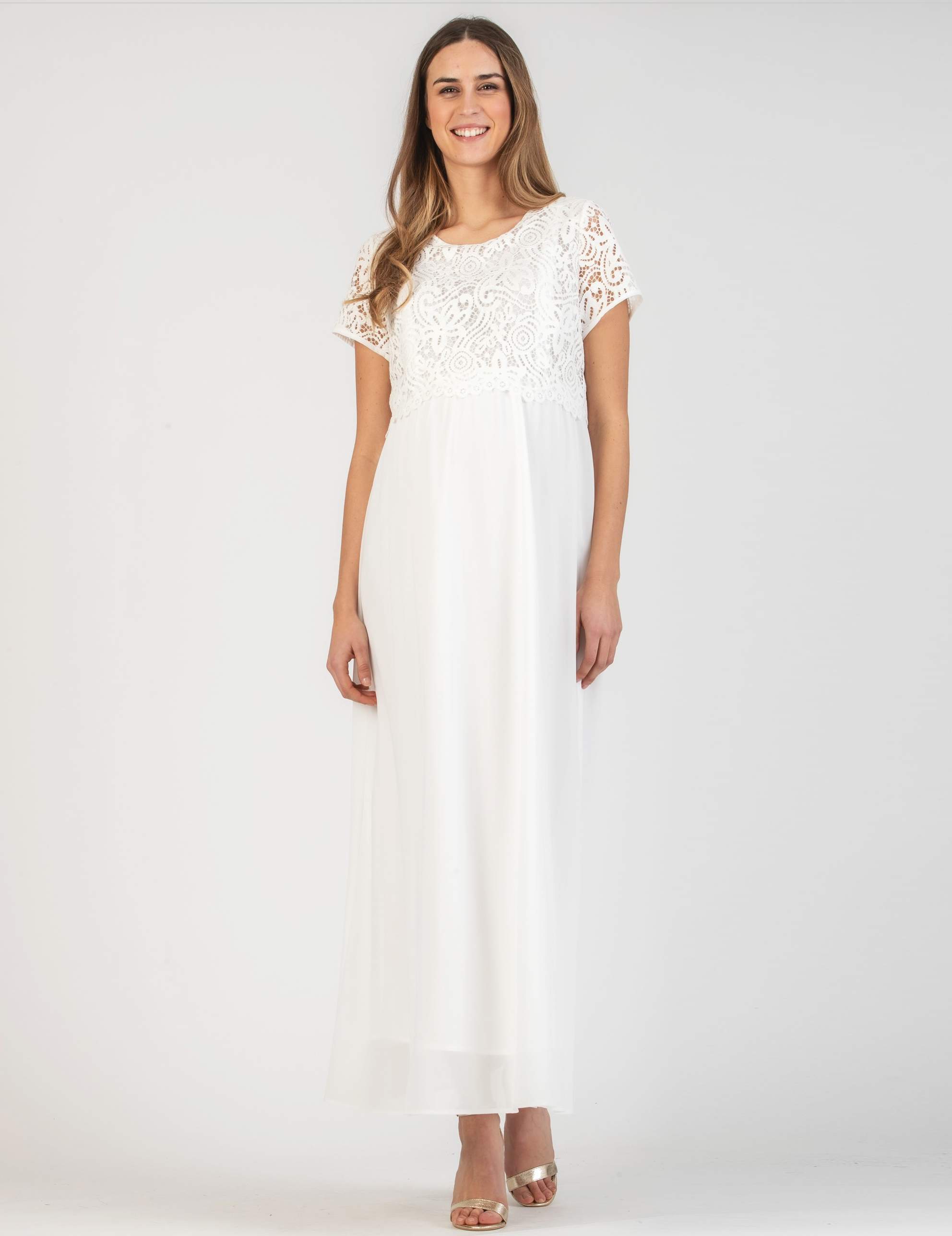 AURORA MAXI - Embroidered Long Maternity & Nursing Dress in Lace (Avorio)