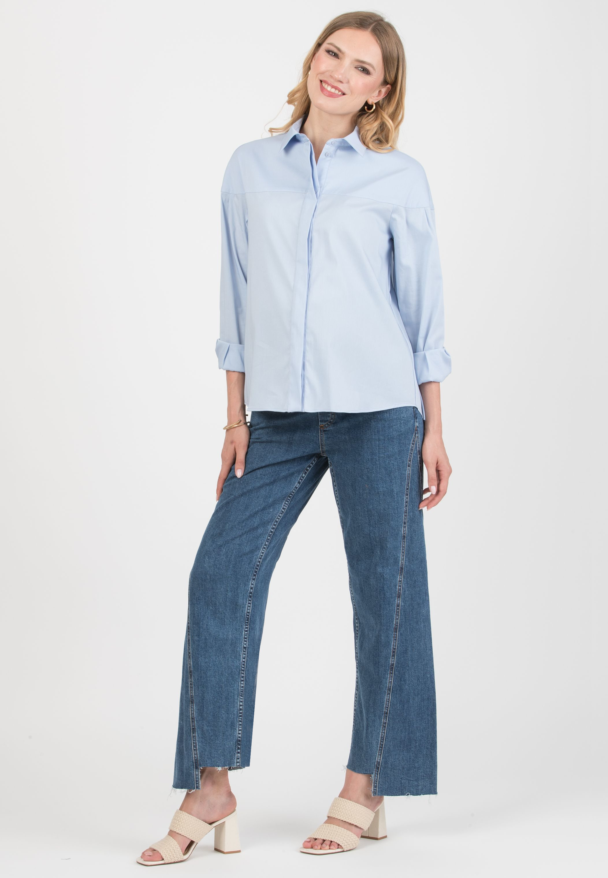 CAROLINA – Stretch Cotton Maternity & Nursing Shirt with Yoke and Cuffs (Azzurro)