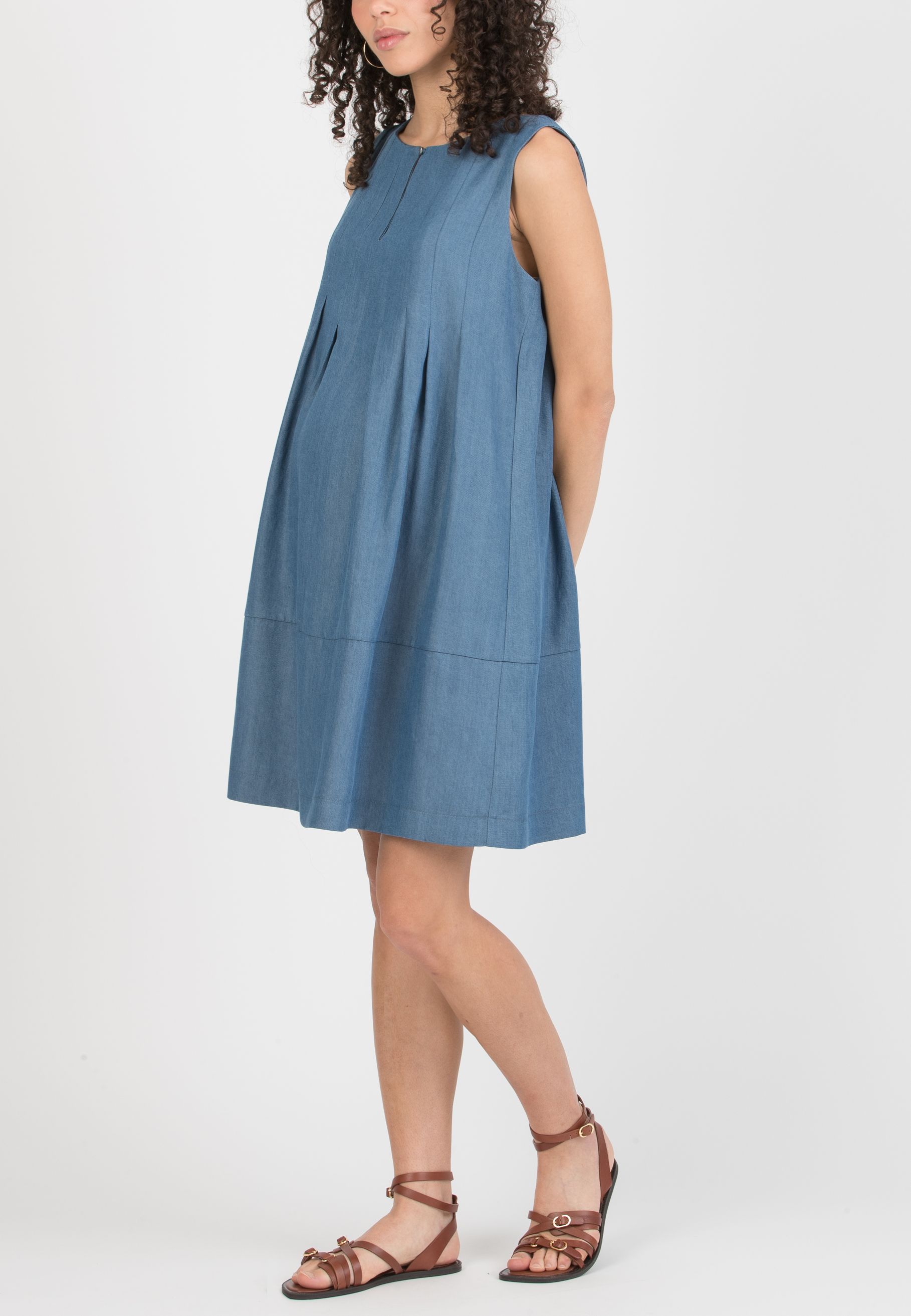 TAMARA – Babydoll-Style Lyocell Jeans Maternity Dress with Boat Neckline and Bow (Denim)