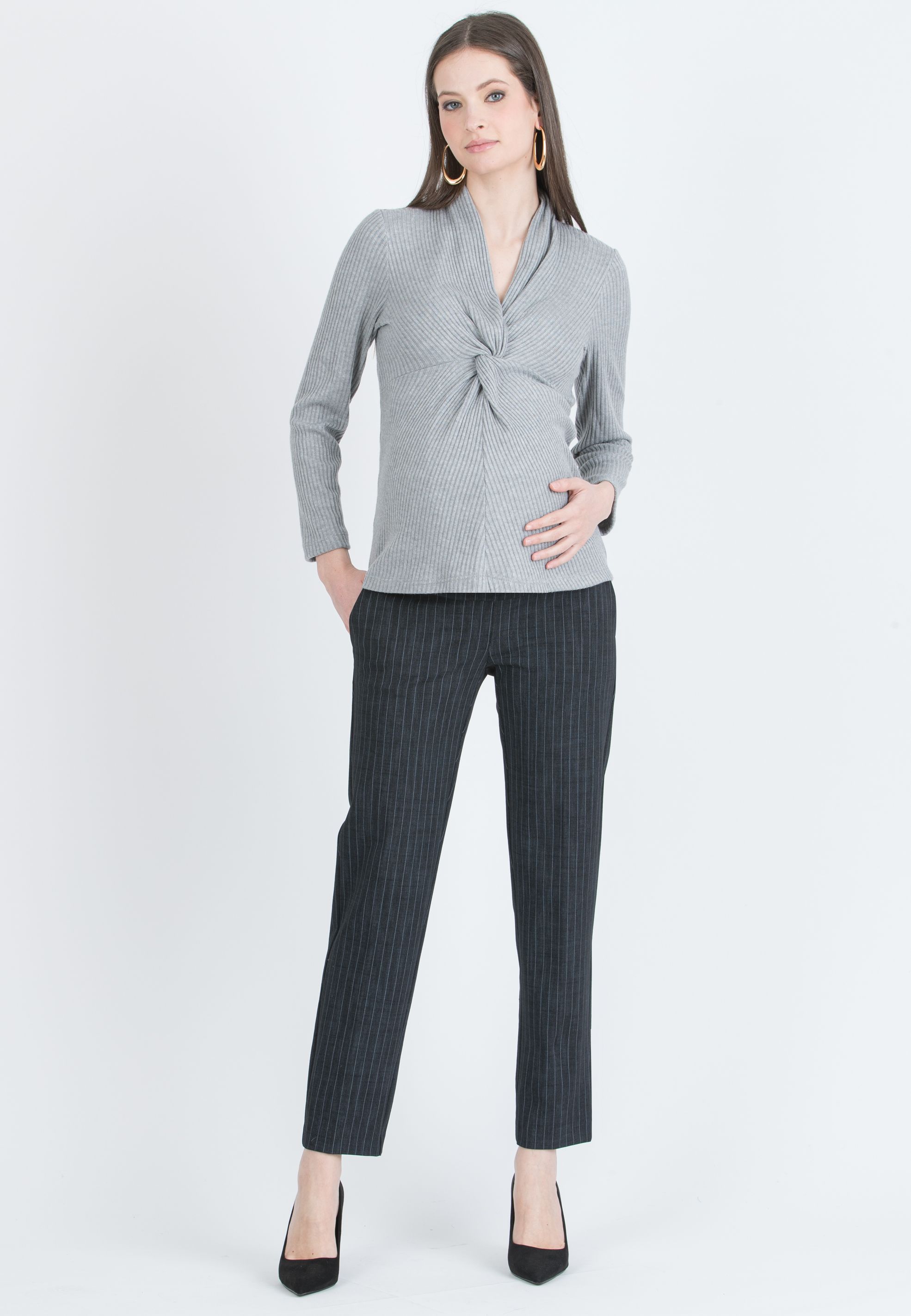 ISSA M – Maternity & Nursing Ribbed Knit Top with Knot Detail (Grigio Chiaro)