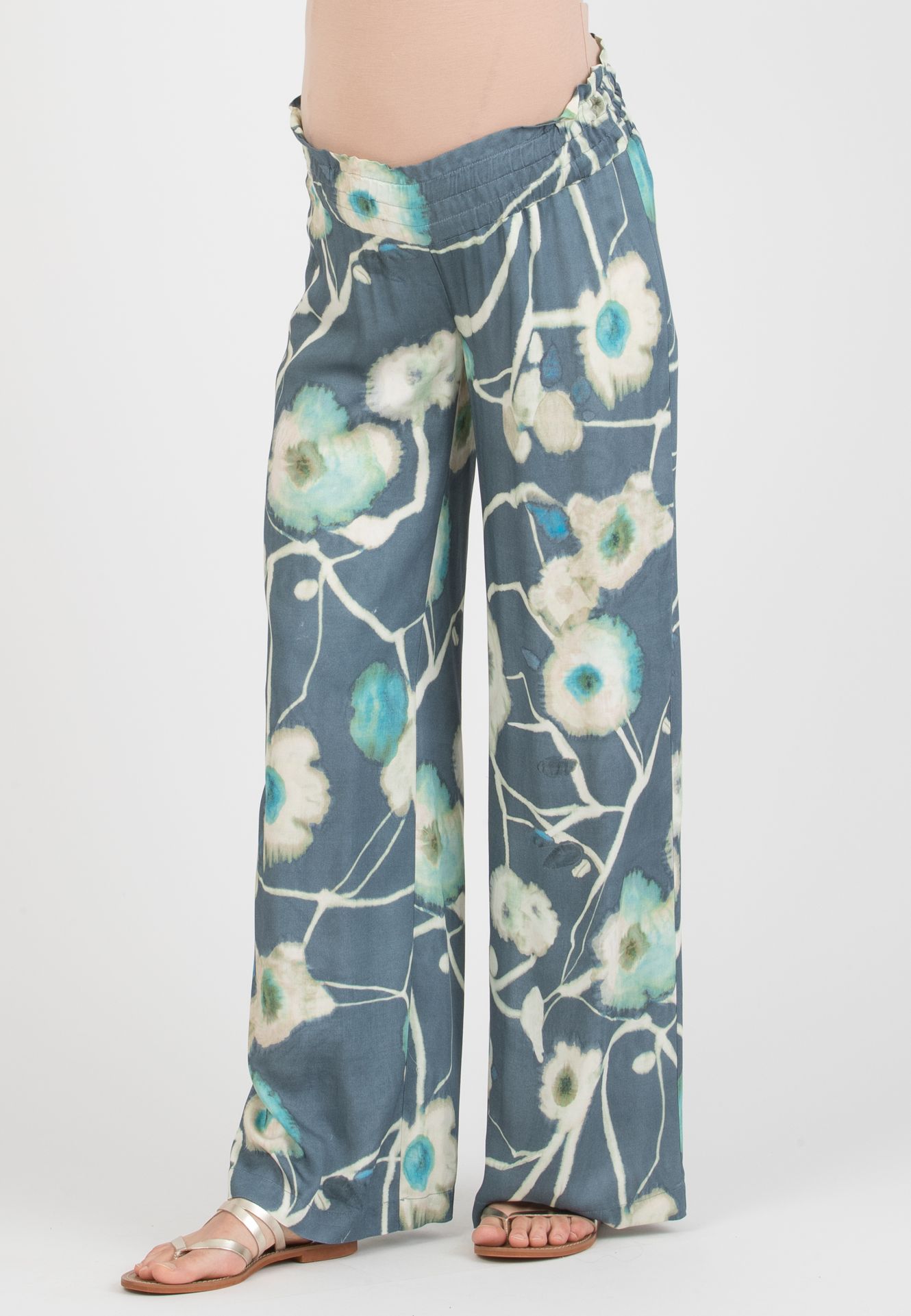 GUENDALINA LG - Maternity Palazzo Trousers in Printed Viscose Satin (Denim)