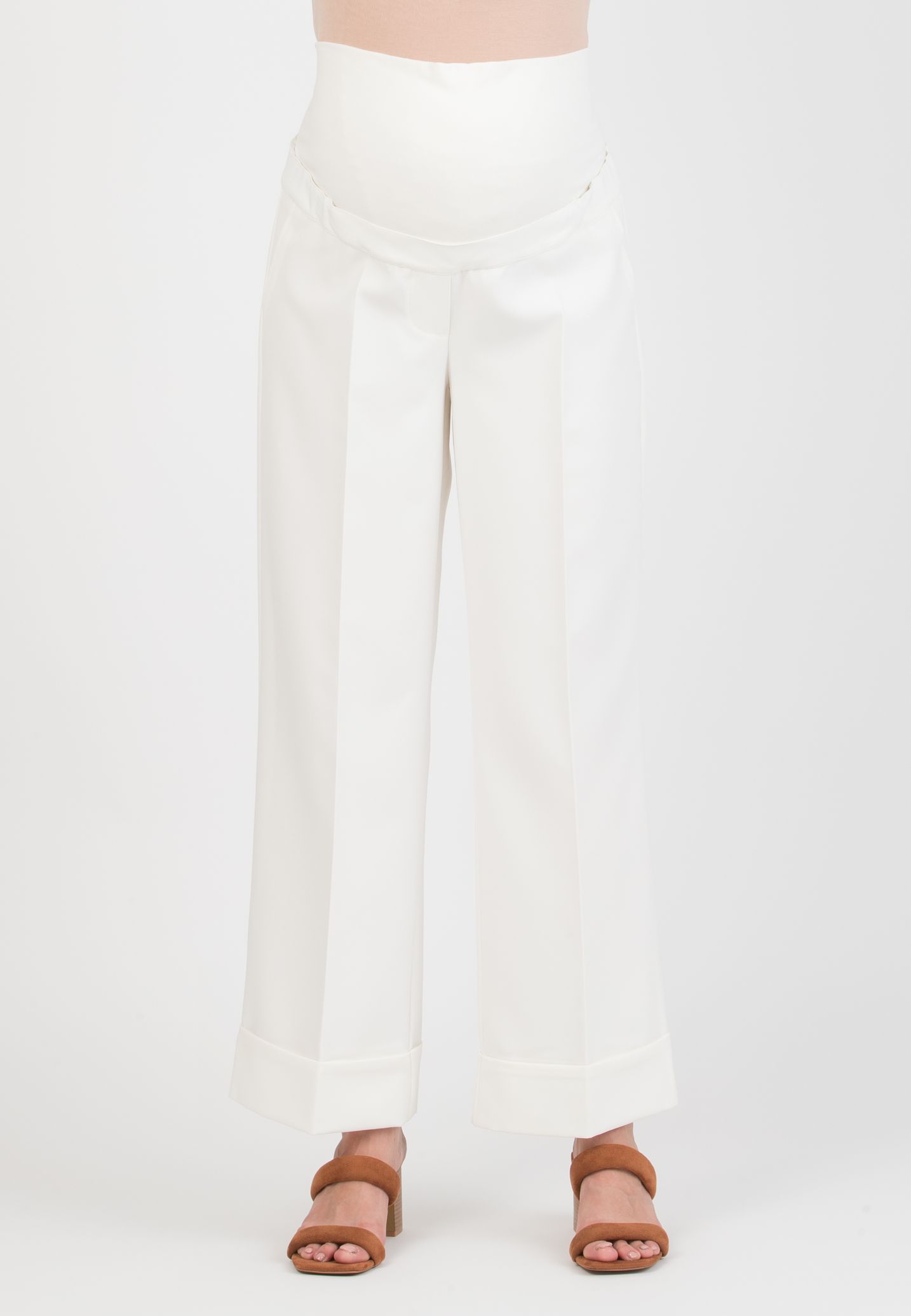 ROBY – Maternity Palazzo Trousers in Cady with Turn-Up Hem (Avorio)