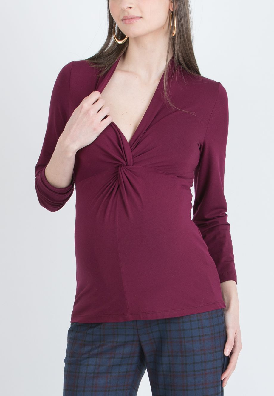 ISSA J – Maternity & Nursing Top in Stretch Viscose Jersey with Front Knot (Bordeaux)