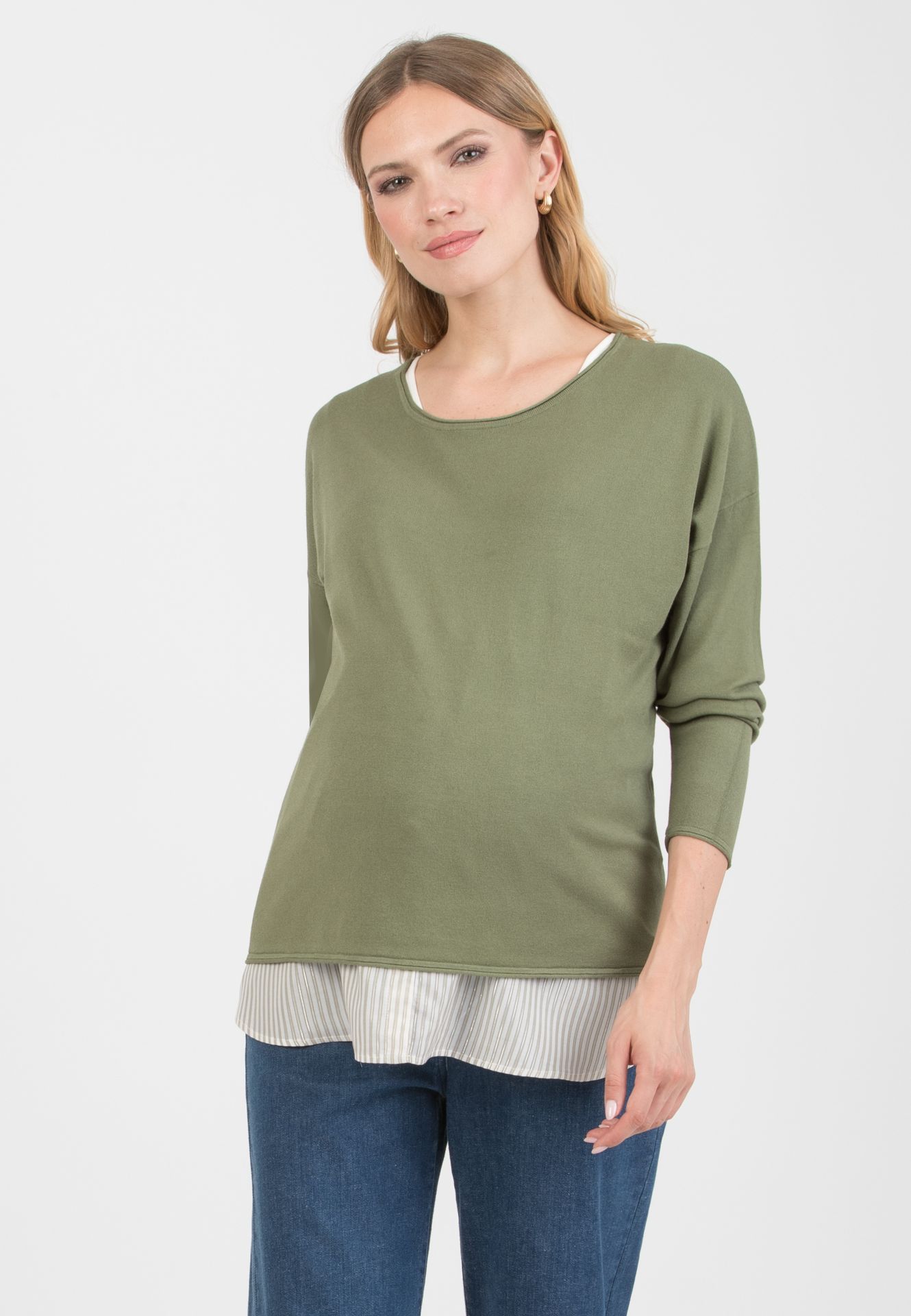 GIOIA R – Maternity & Nursing Sweater with Matching Striped Top (Verde Salvia)