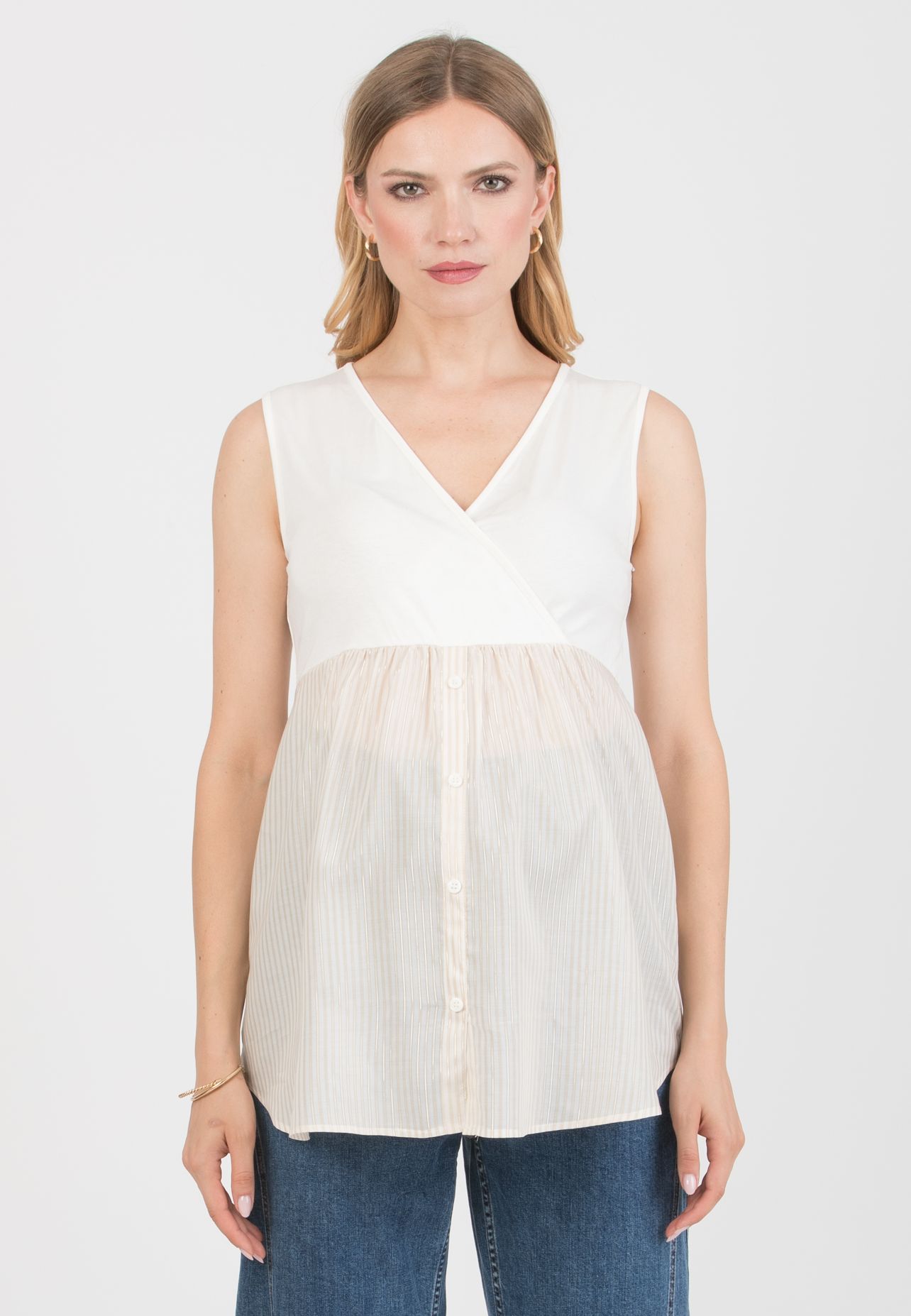 GIOIA R – Maternity & Nursing Sweater with Matching Striped Top (Beige)