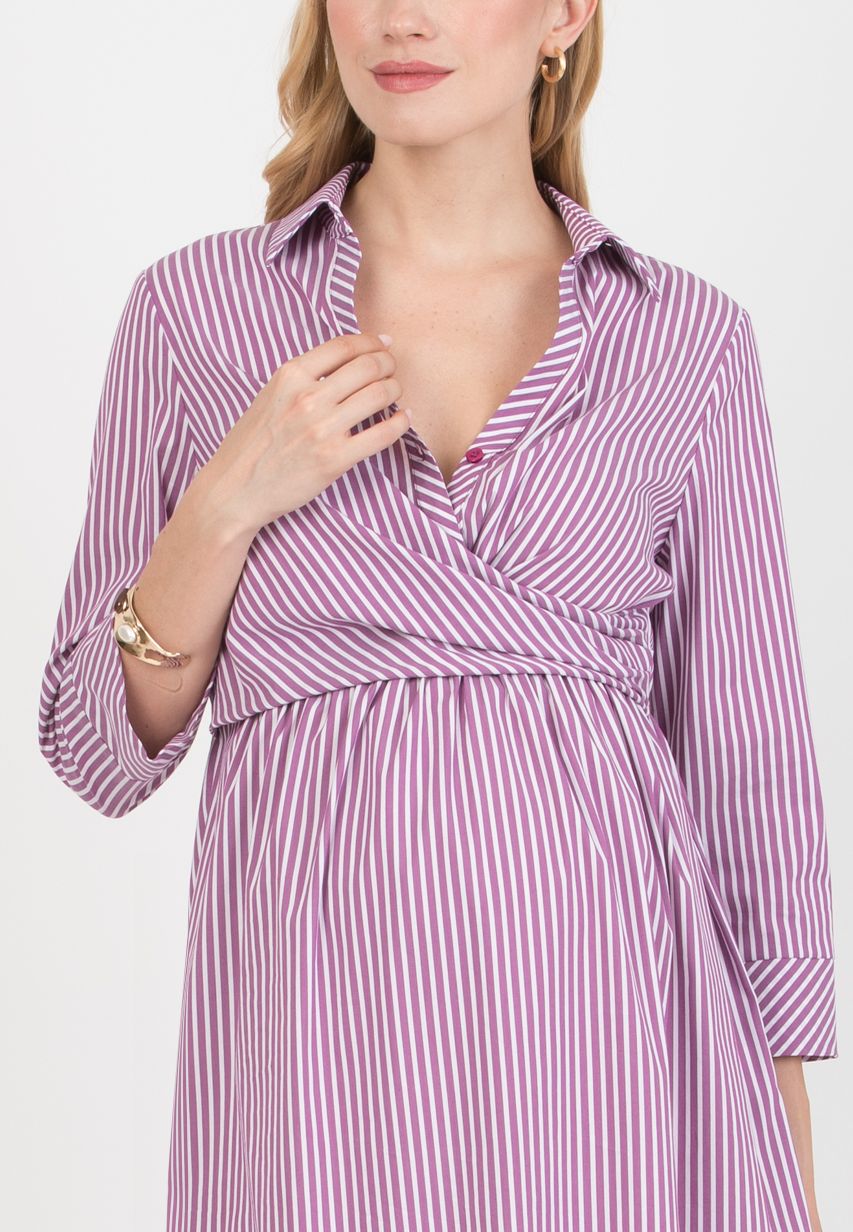EMANUELA - Maternity & Nursing Striped Cotton Dress with Waistband (Viola)