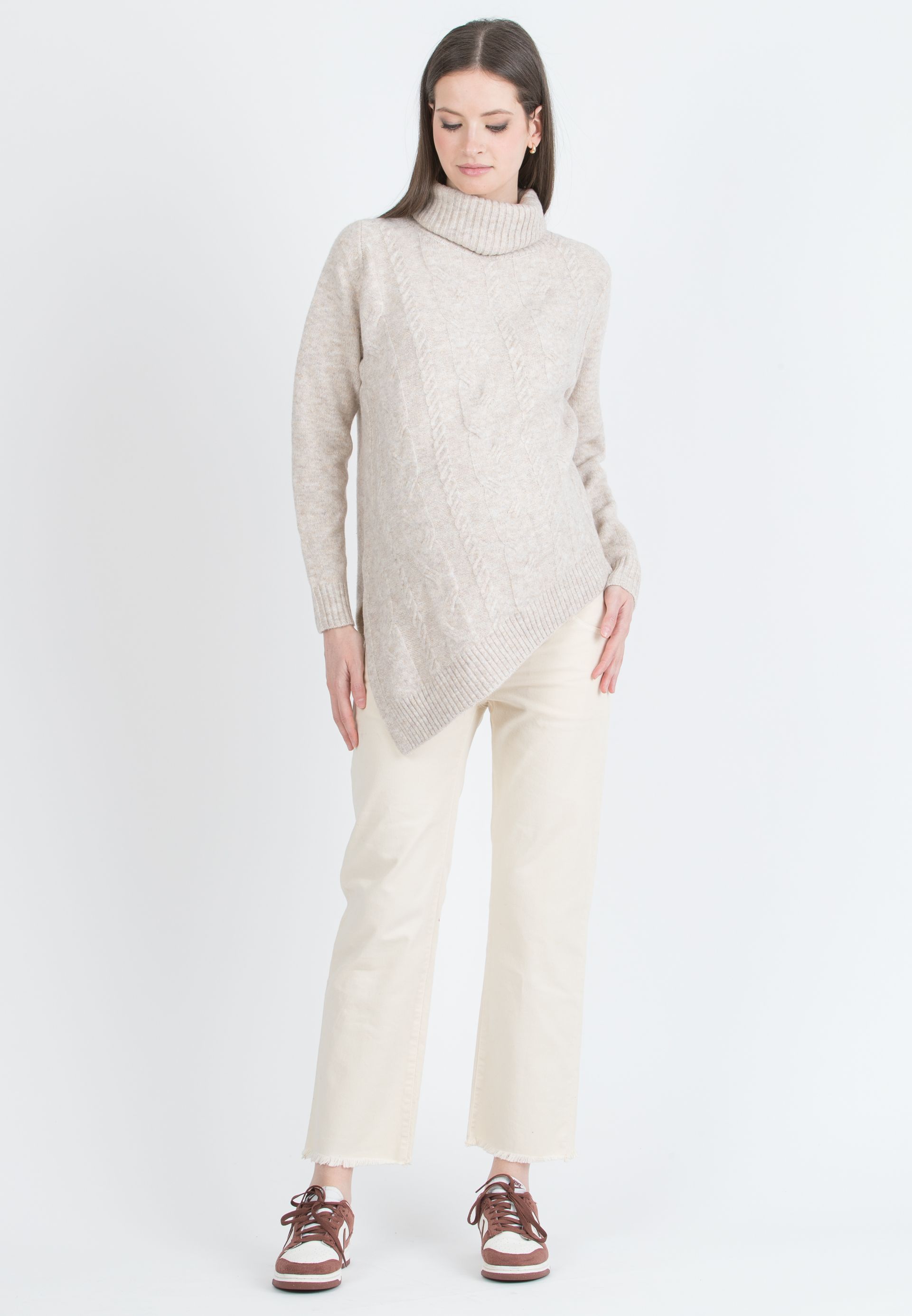 ANDREA - Asymmetric Maternity Jumper with Turtleneck and Cable Knit Detail (Naturale)