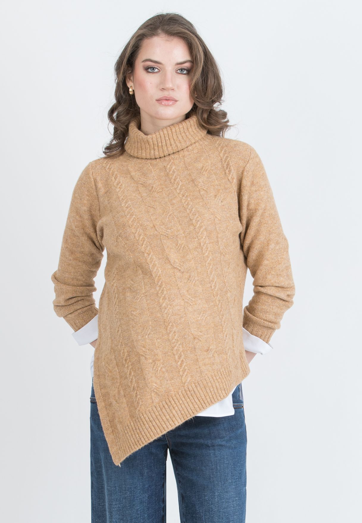 ANDREA - Asymmetric Maternity Jumper with Turtleneck and Cable Knit Detail (Cammello)