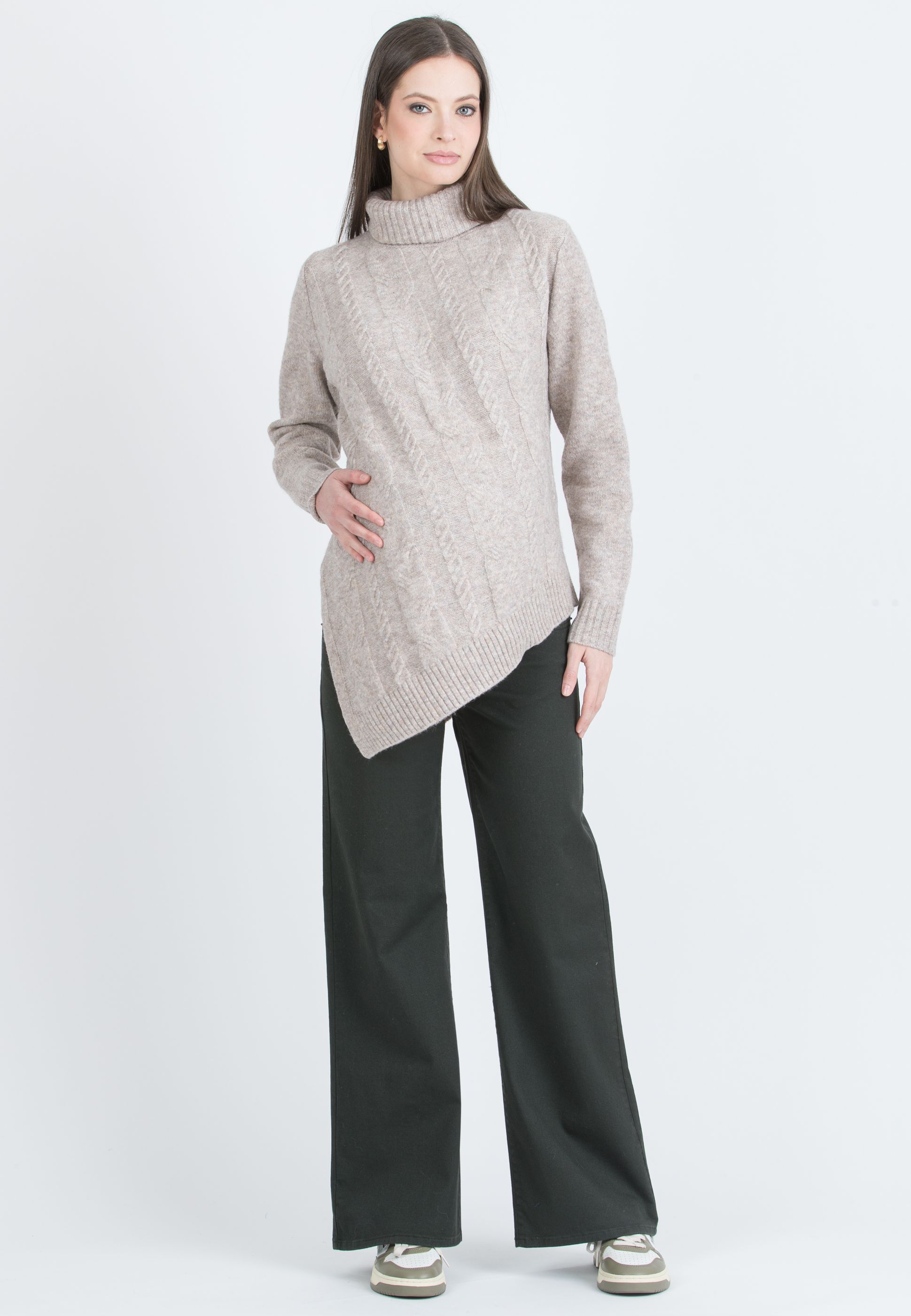 ANDREA - Asymmetric Maternity Jumper with Turtleneck and Cable Knit Detail (Sabbia)