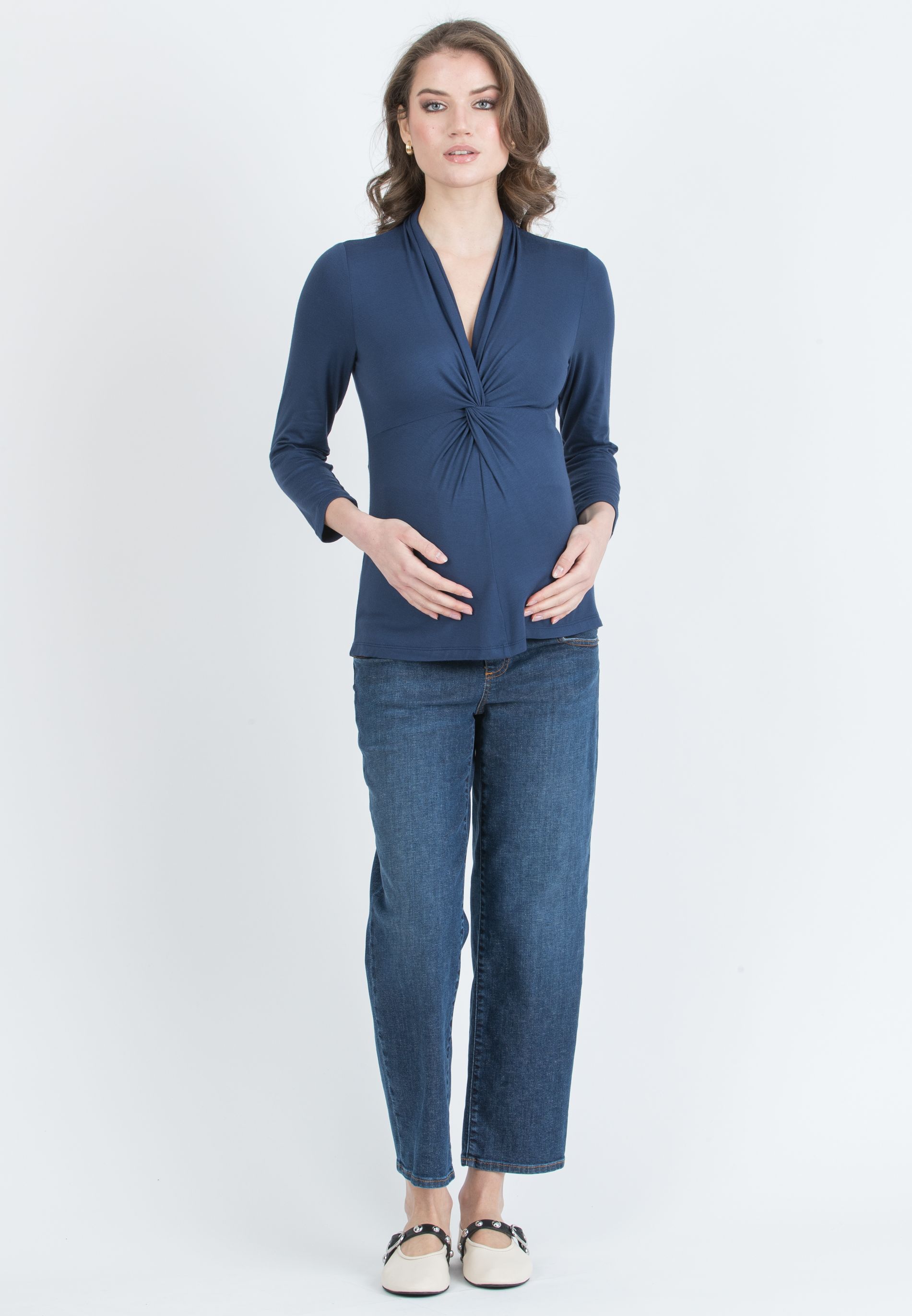 ISSA J – Maternity & Nursing Top in Stretch Viscose Jersey with Front Knot (Blu)