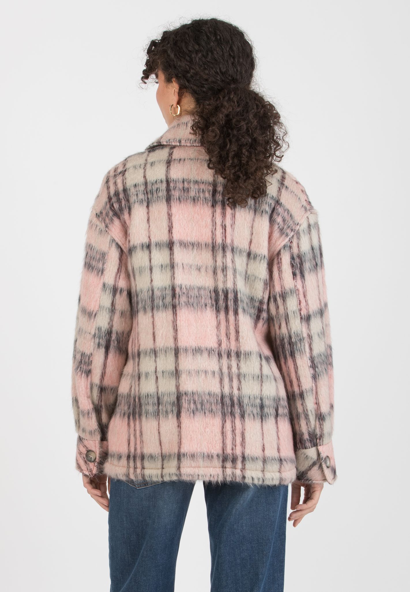 INDIA C – Short Maternity Coat in Virgin Wool with Pink Check Pattern and Pockets (Rosa)