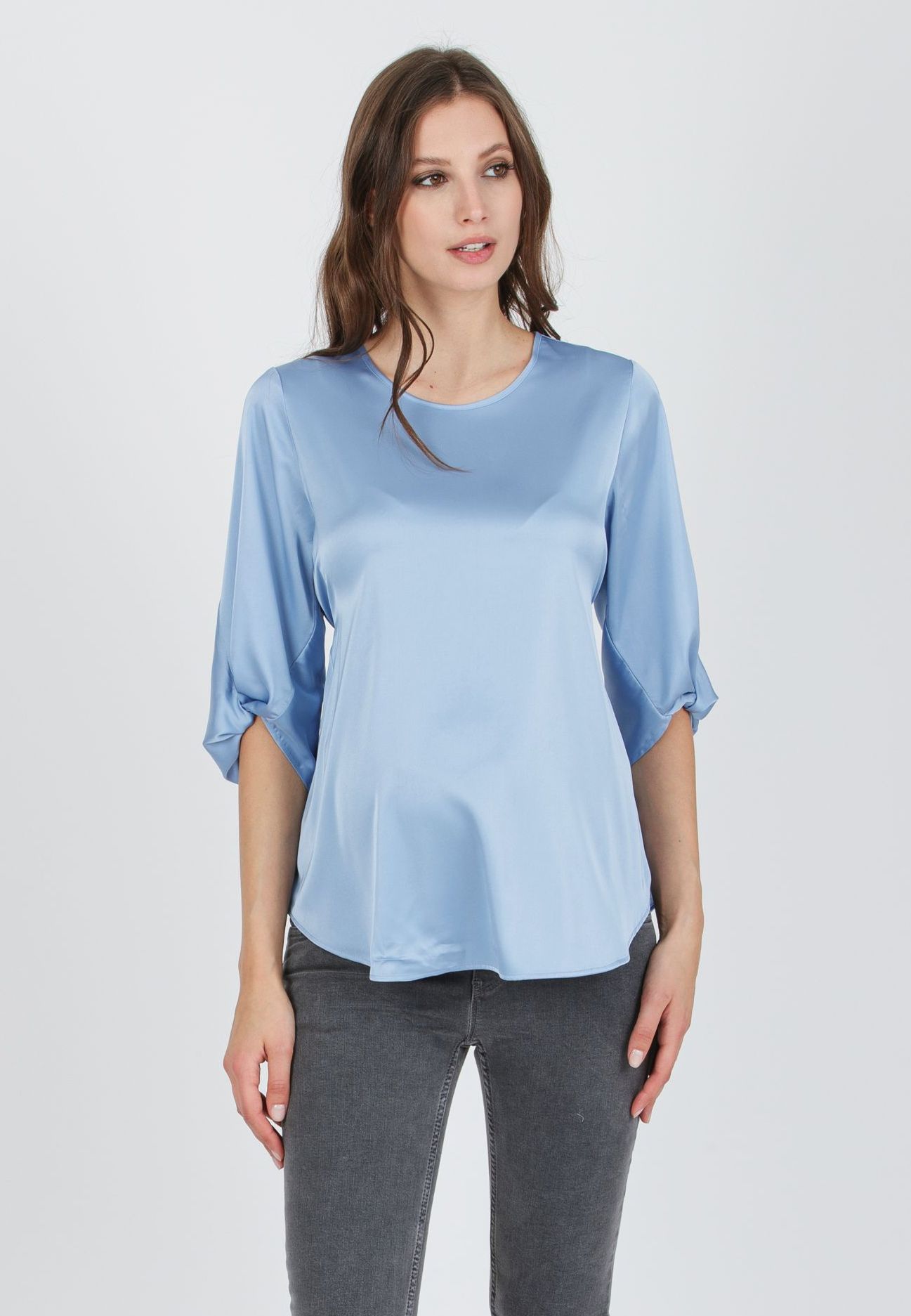 SYDNEY - Maternity Satin Blouse with Knot on Sleeve Bottom (Azzurro)