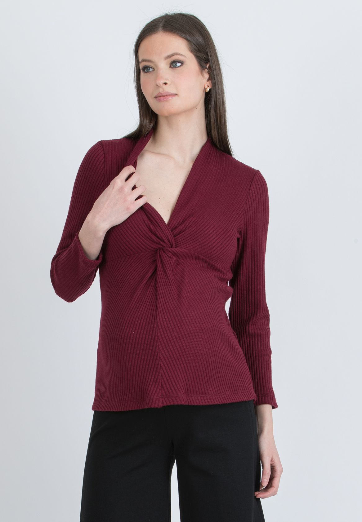 ISSA M – Maternity & Nursing Ribbed Knit Top with Knot Detail (Bordeaux)