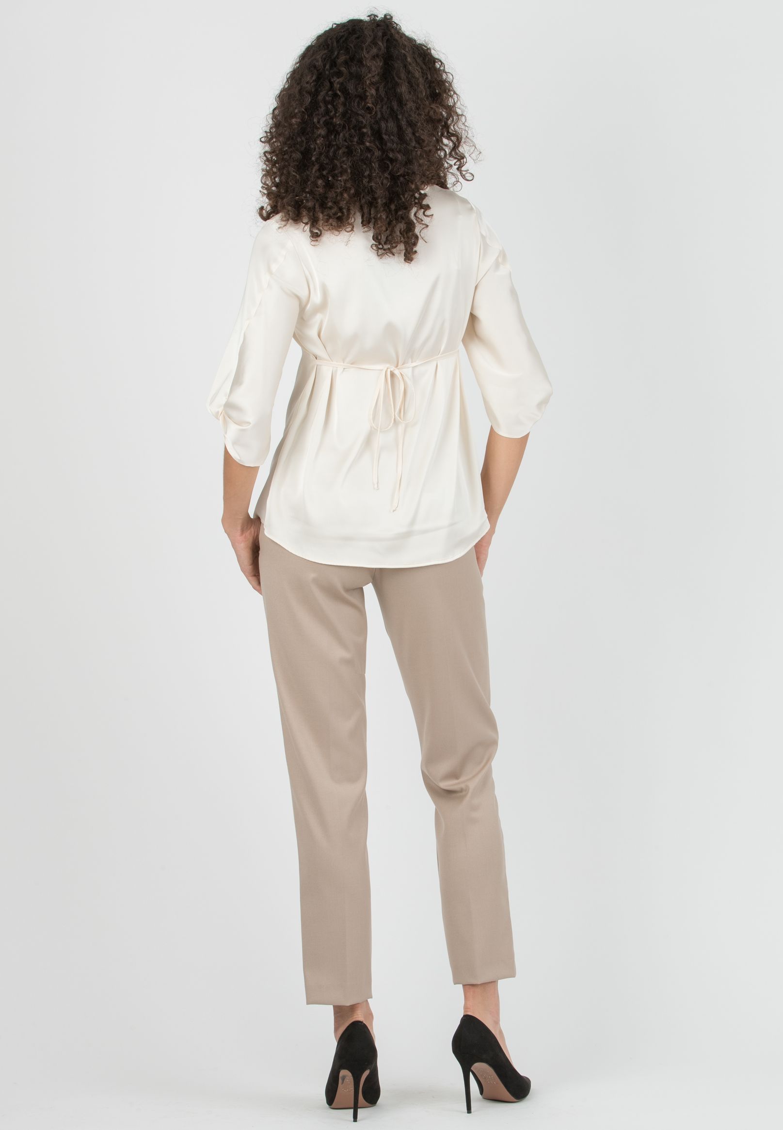 SYDNEY - Maternity Satin Blouse with Knot on Sleeve Bottom (Naturale)