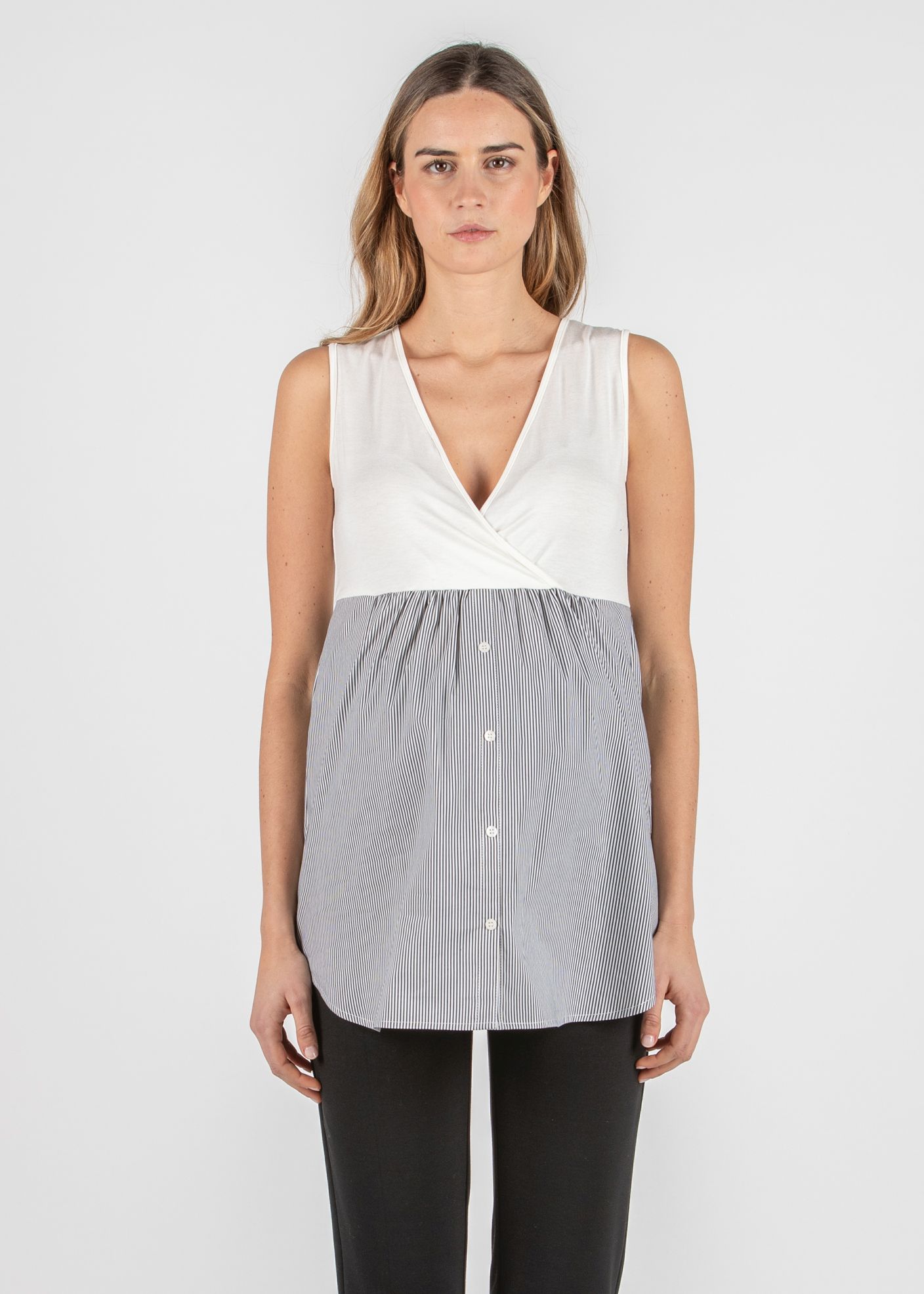 Striped Crossover Maternity & Nursing Top with Flounce in Poplin (Nero)