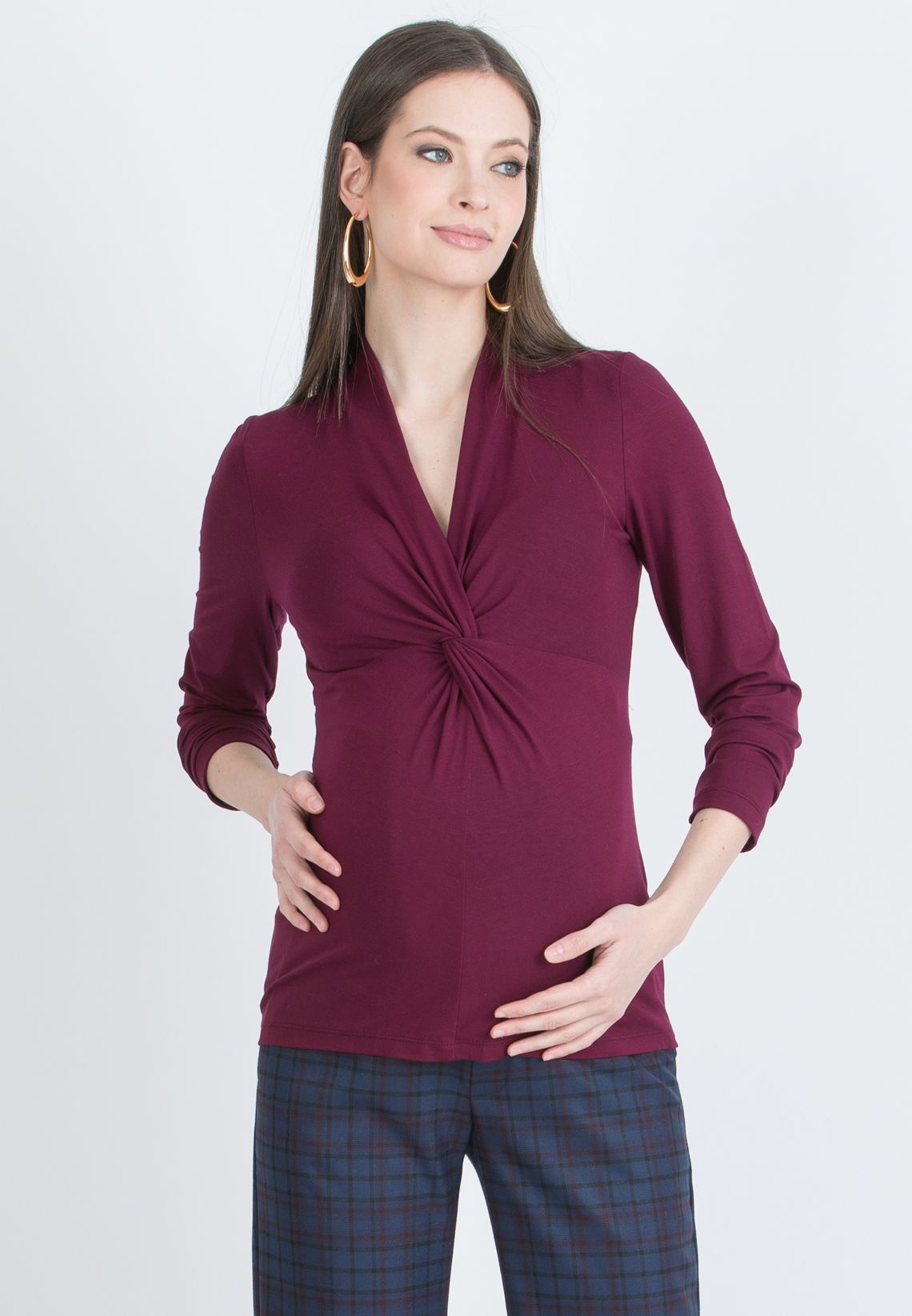 ISSA J – Maternity & Nursing Top in Stretch Viscose Jersey with Front Knot (Bordeaux)