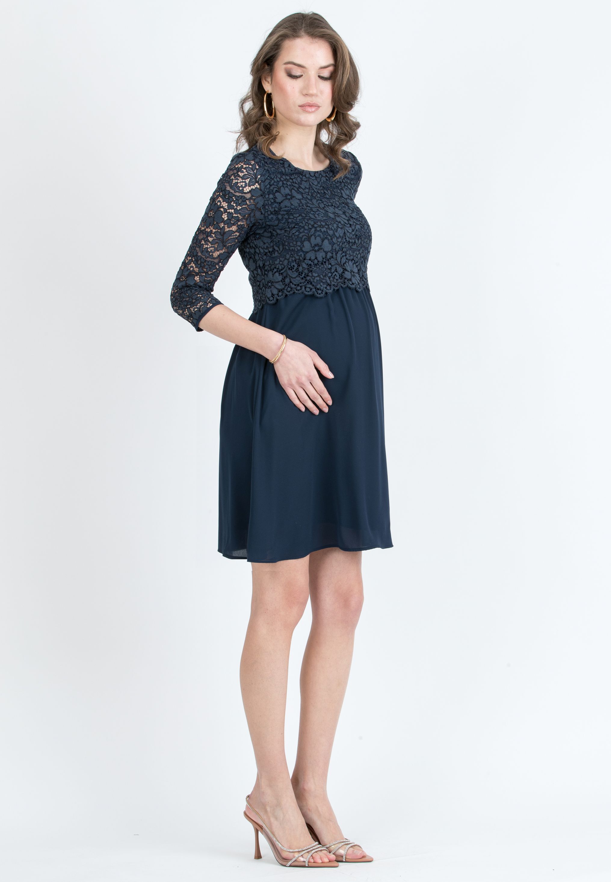 ELEONORA - Lace and Chiffon Maternity & Nursing Dress (Blu Scuro)