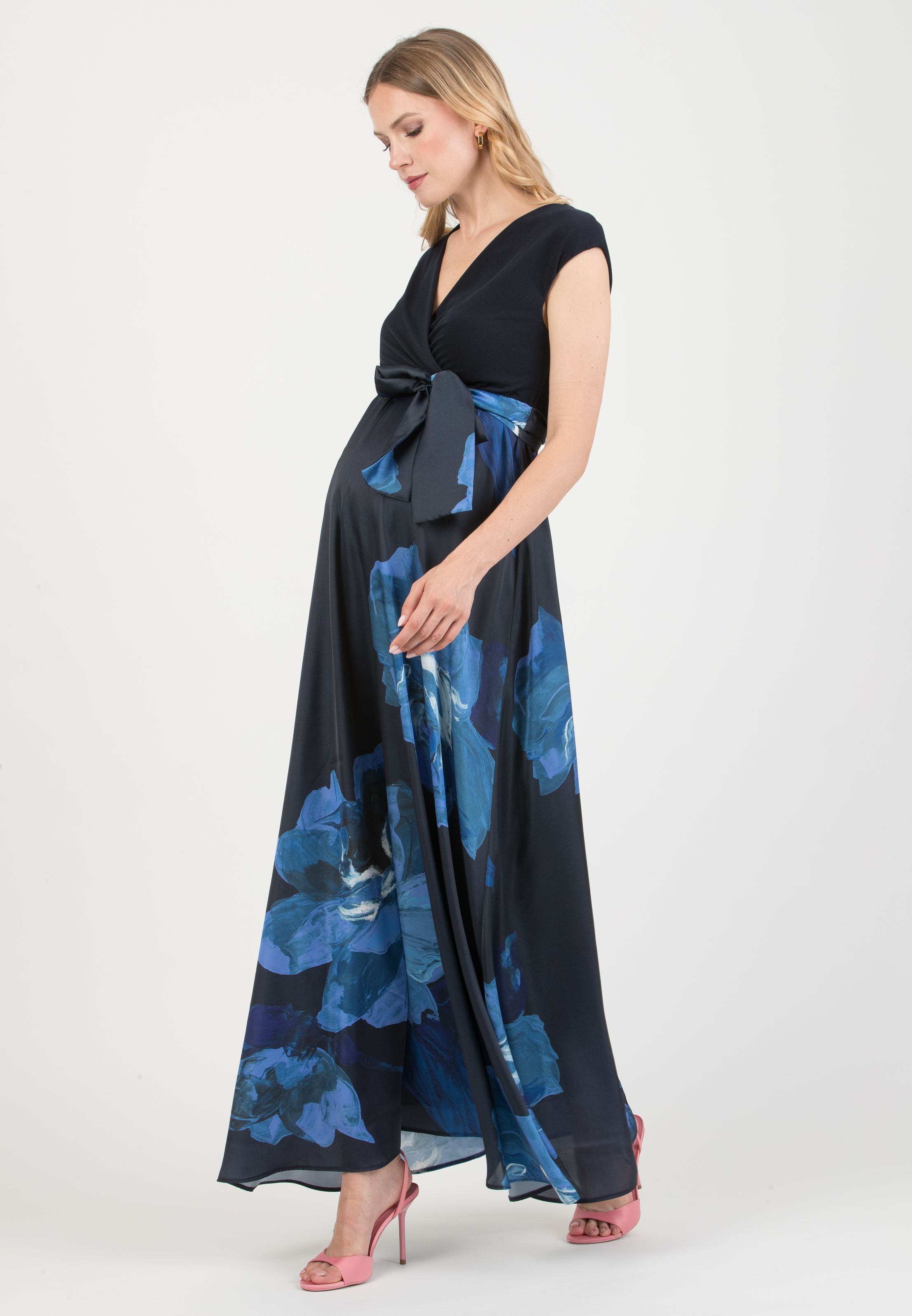 LUCREZIA - Maternity & Nursing Dress with Printed Satin Skirt (Blu)