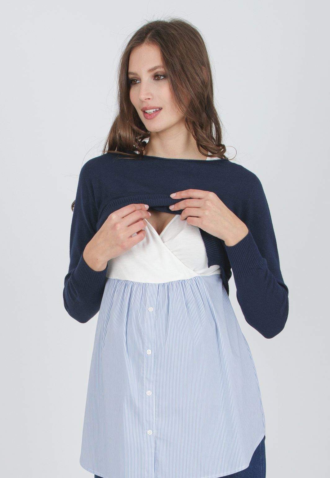 ANGELA R - Maternity & Nursing Sweater with Matching Striped Top (Blu)