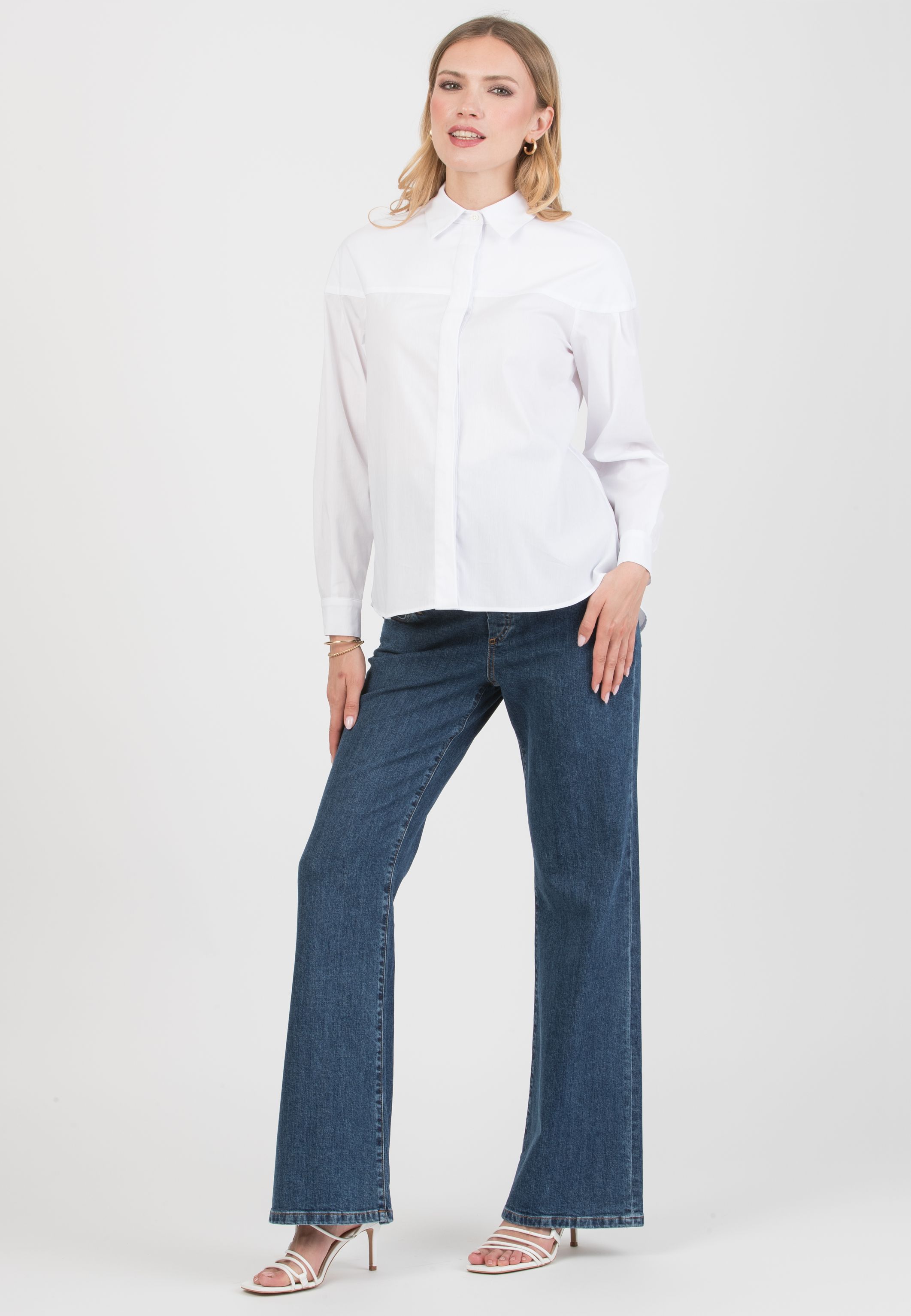 CAROLINA – Stretch Cotton Maternity & Nursing Shirt with Yoke and Cuffs (Bianco  Ottico)