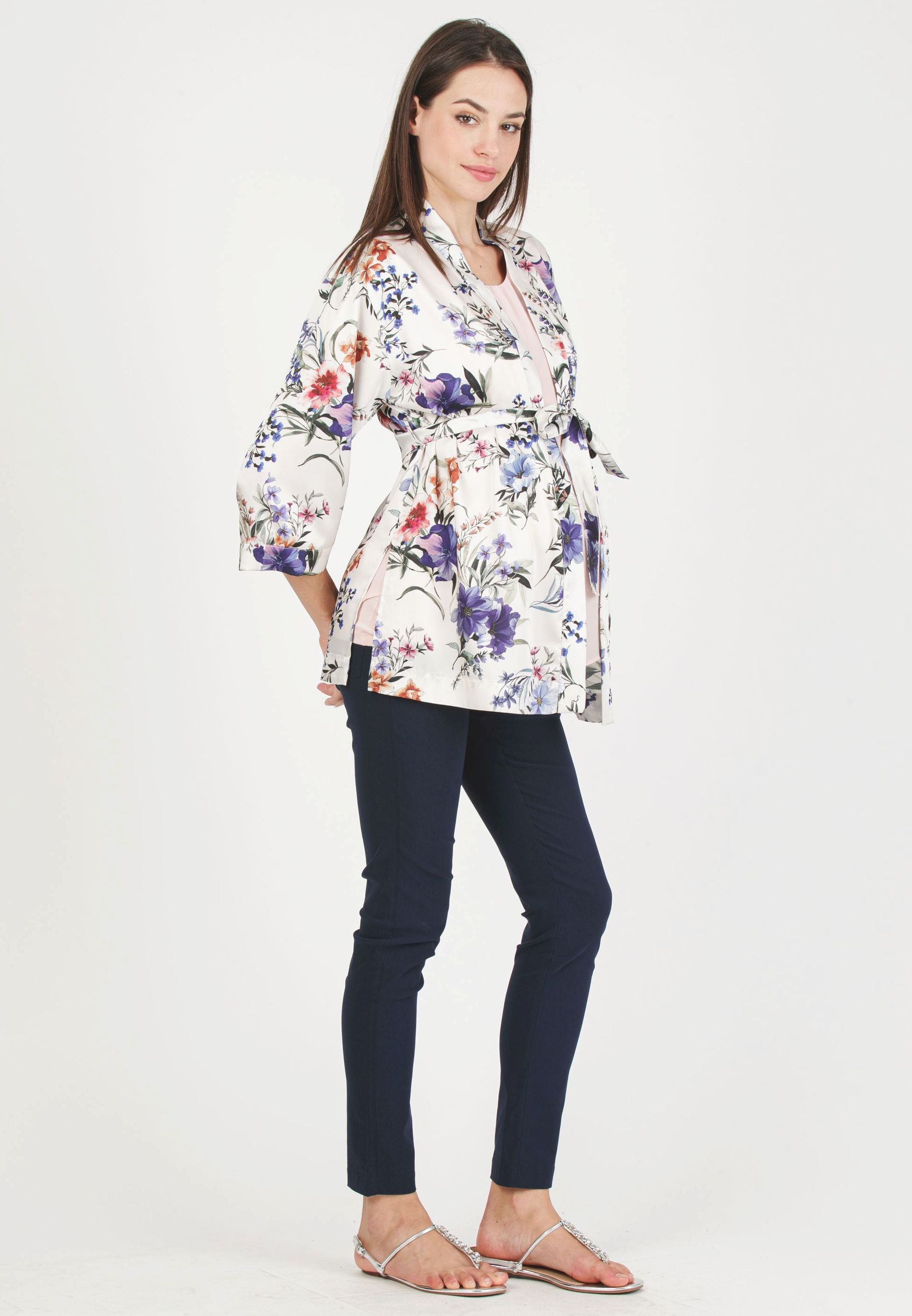 DALIA F - Maternity Kimono in Printed Satin (Avorio)