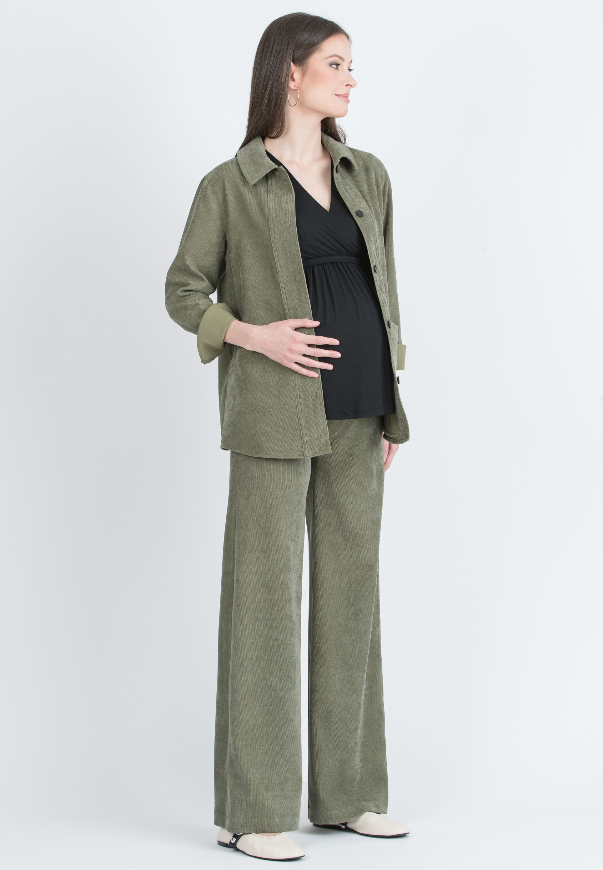 WINONA V - Palazzo Maternity Trousers in Soft Corduroy (Verde Militare)