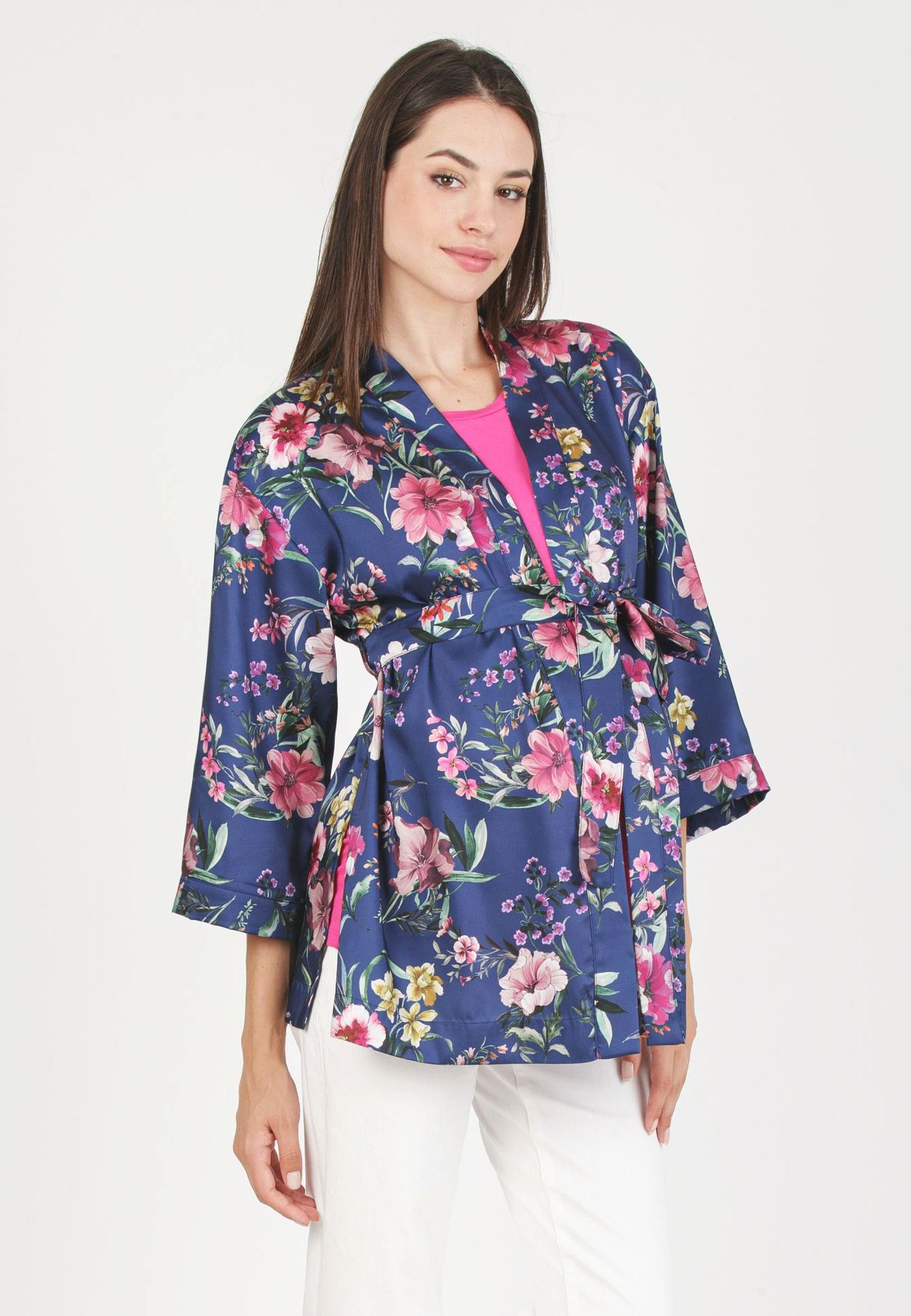 DALIA F - Maternity Kimono in Printed Satin (Blu)