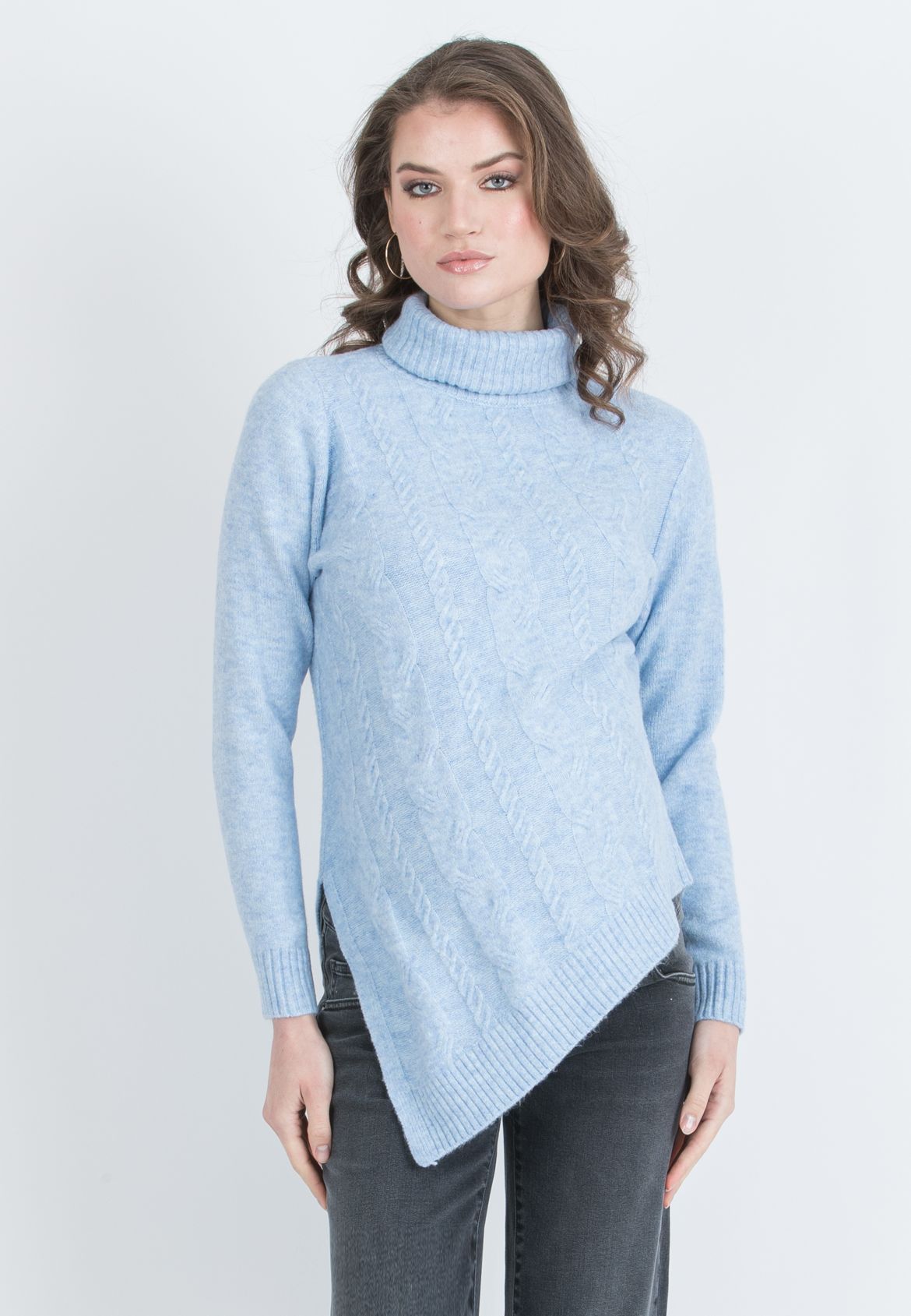 ANDREA - Asymmetric Maternity Jumper with Turtleneck and Cable Knit Detail (Azzurro)