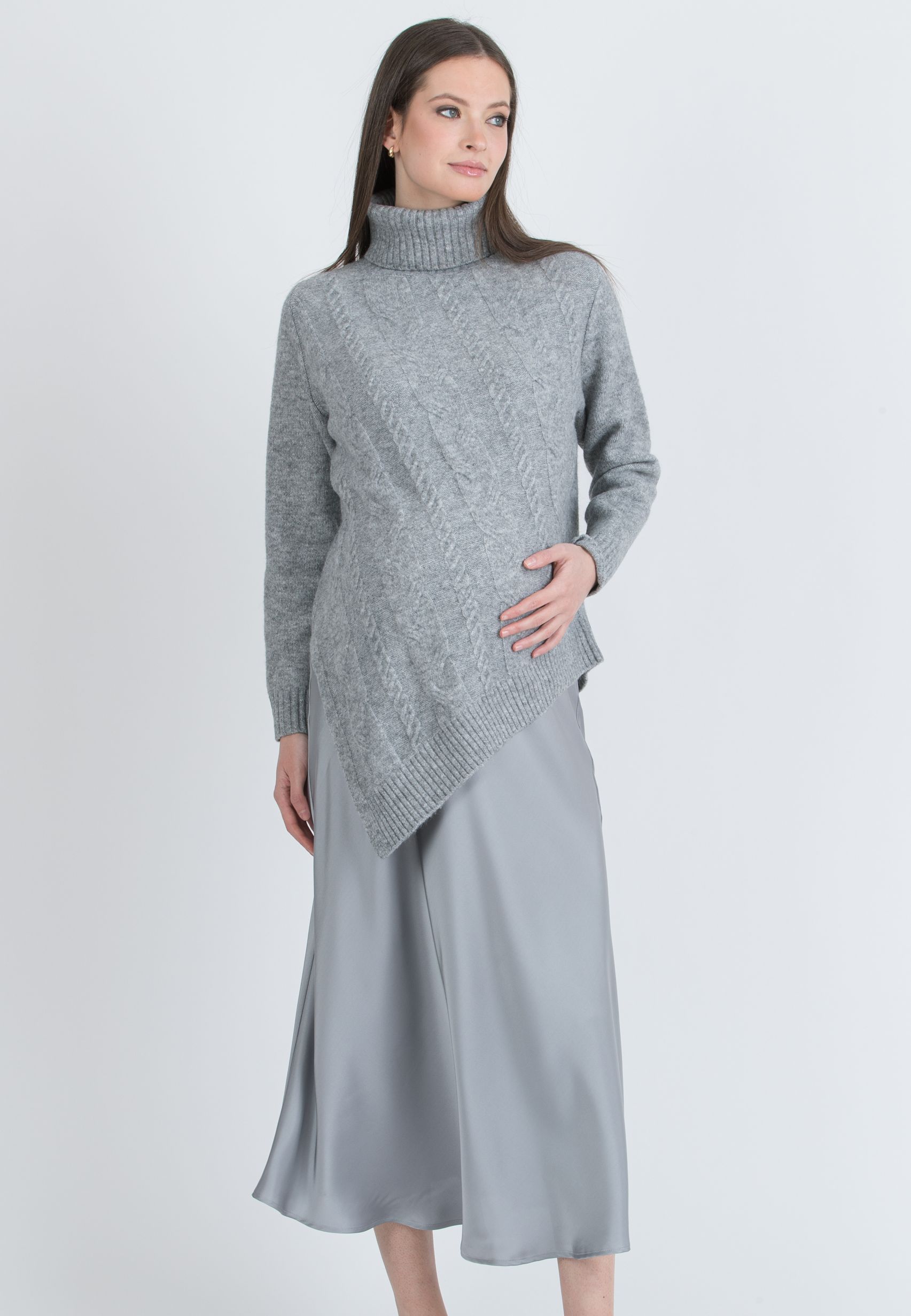 ANDREA - Asymmetric Maternity Jumper with Turtleneck and Cable Knit Detail (Grigio Chiaro)