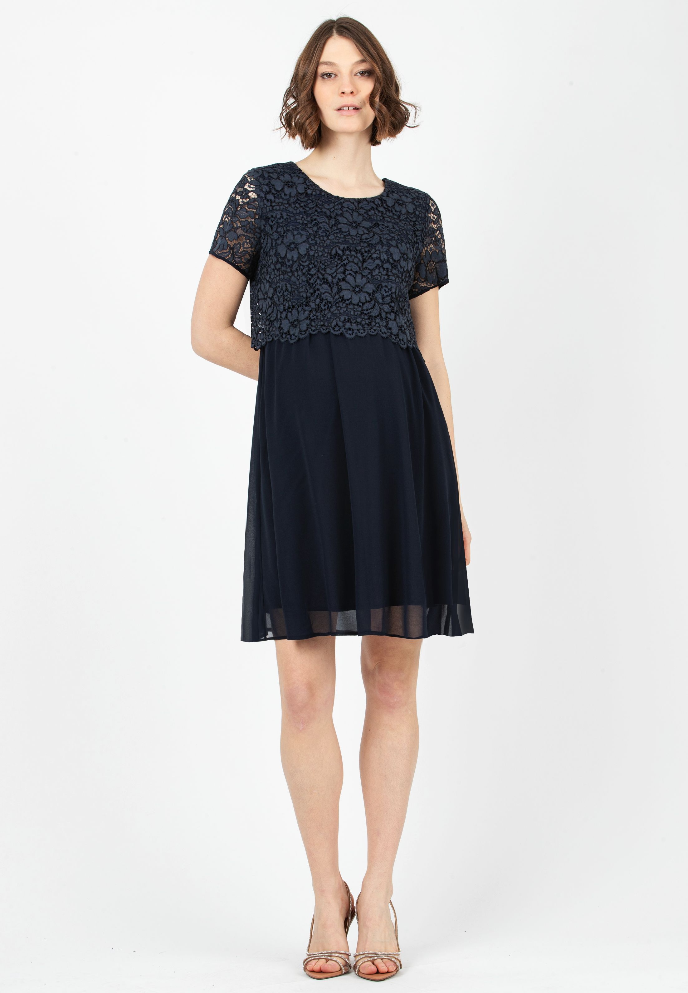 ELEONORA M/M GRS - Maternity & Nursing Dress in Lace and Recycled Chiffon (Blu Scuro)