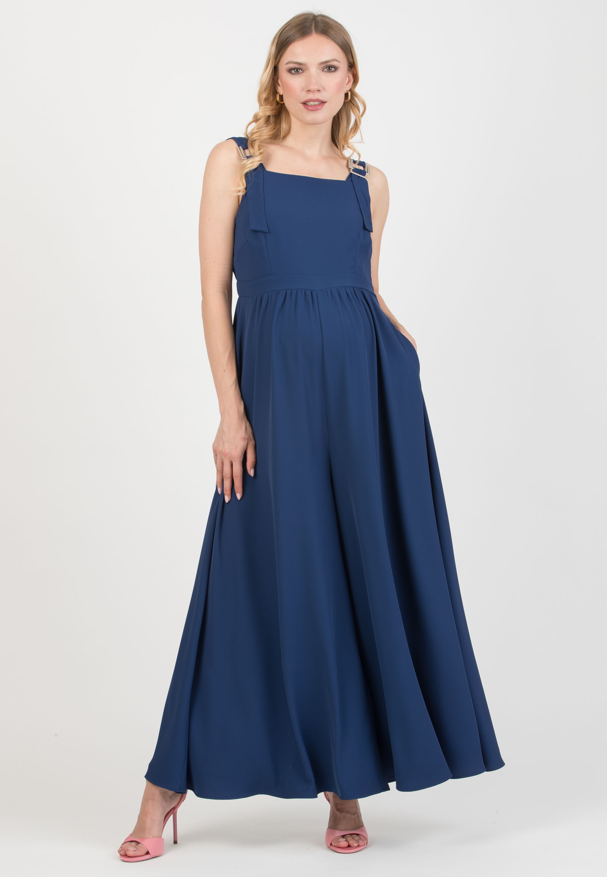 KATE - Maternity & Nursing Dress Jumpsuit with Wide-Leg Trousers (Blu Tampone)