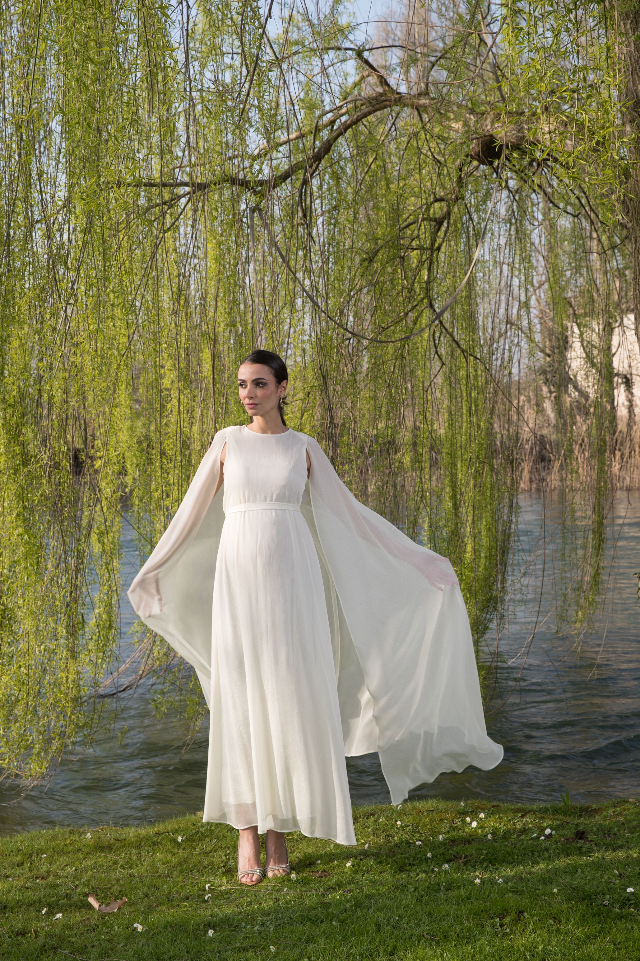 PHOEBE – Long Maternity Dress with Cape (Ivory, XXS)