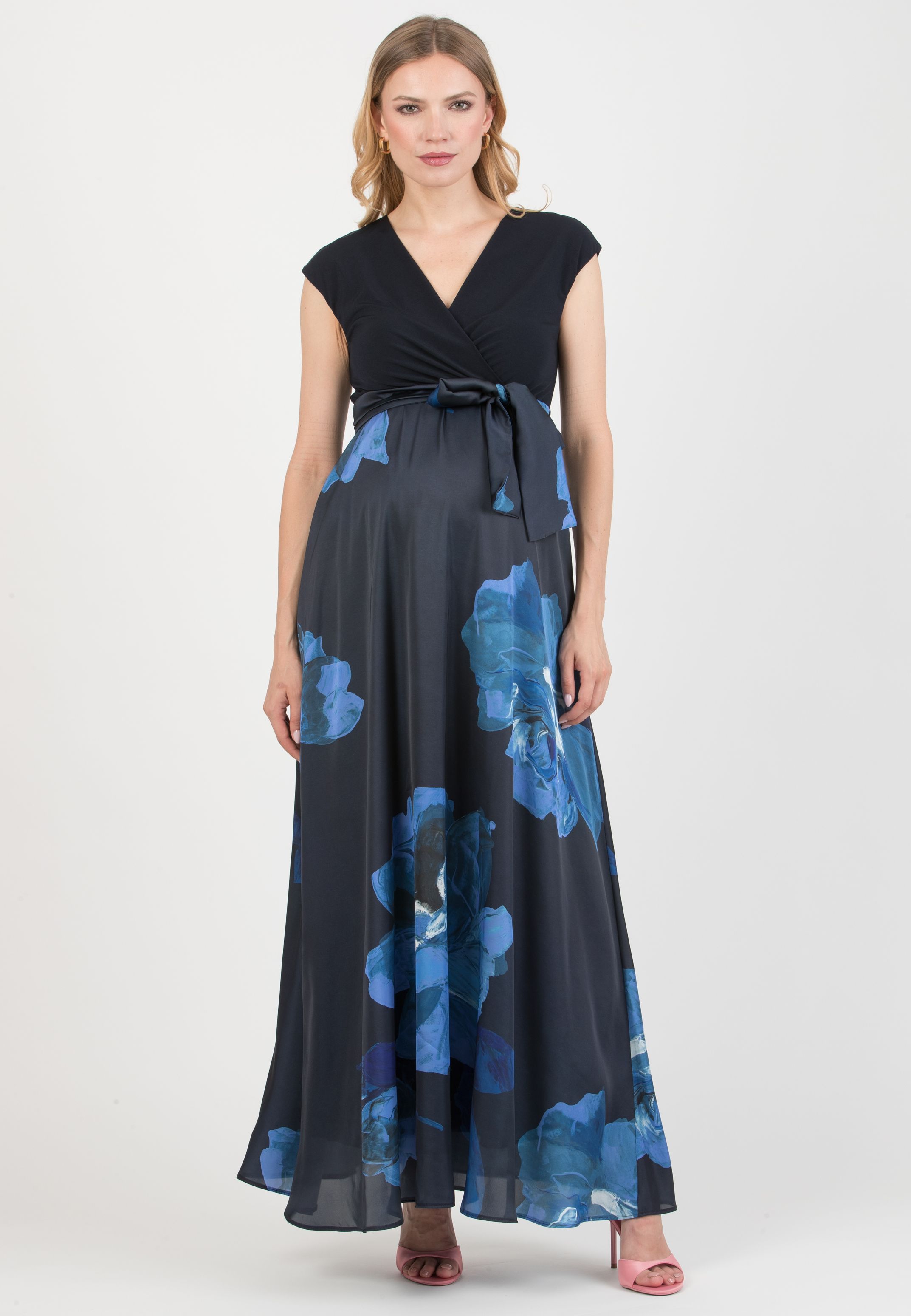 LUCREZIA - Maternity & Nursing Dress with Printed Satin Skirt (Blu)
