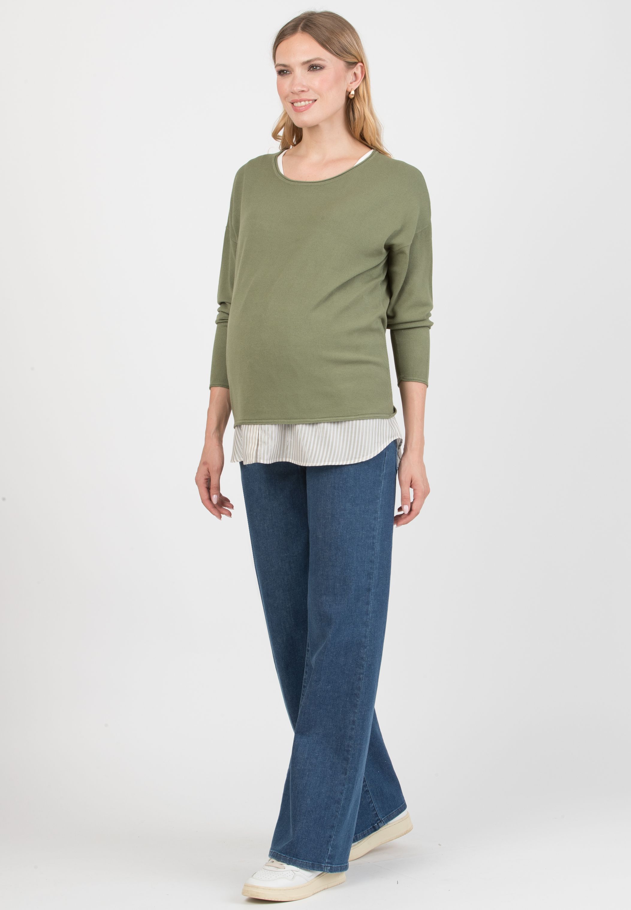GIOIA R – Maternity & Nursing Sweater with Matching Striped Top (Verde Salvia)