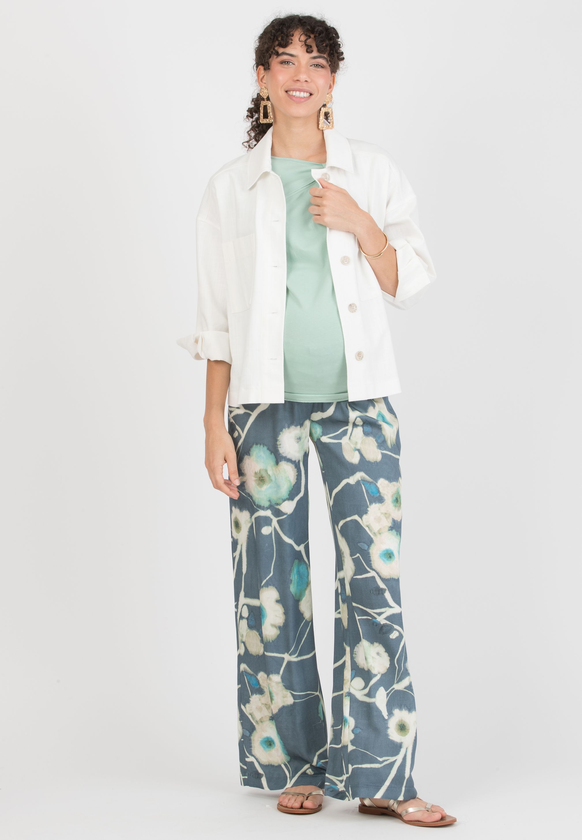 GUENDALINA LG - Maternity Palazzo Trousers in Printed Viscose Satin (Denim)