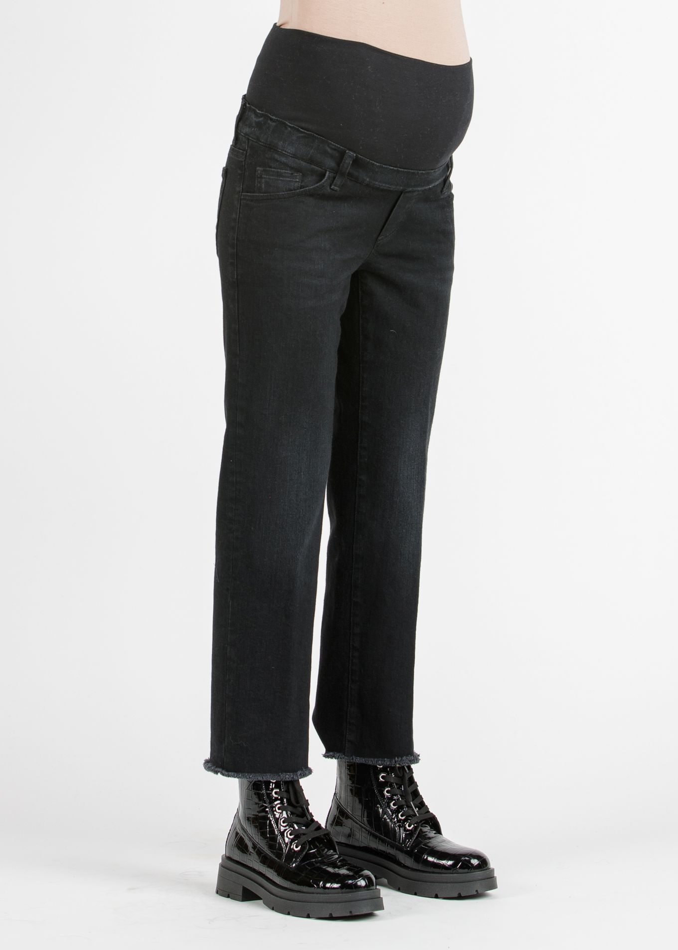 GIADA BLACK - Cropped Straight Maternity Jeans with Fringed Hem (Nero)