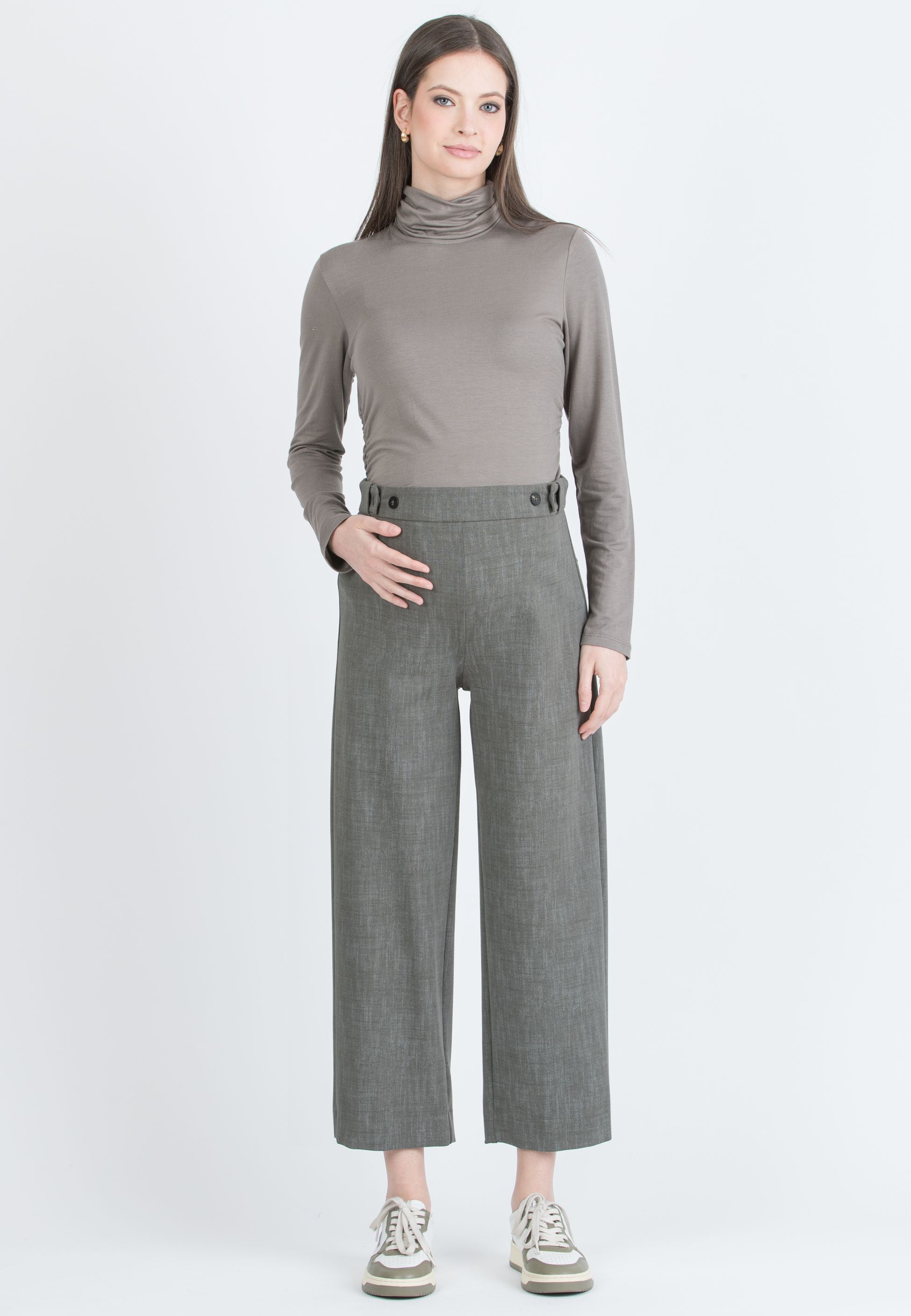 EVAN - Wide-leg Cropped Maternity Trousers with Adjustable Button Waist (Verde Militare)