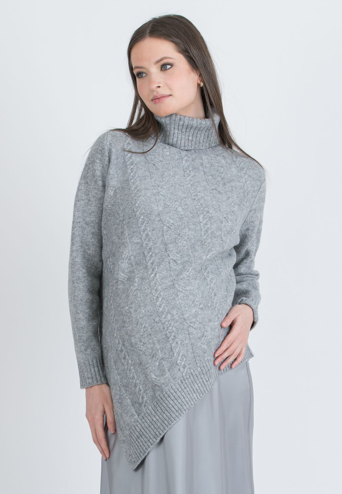 ANDREA - Asymmetric Maternity Jumper with Turtleneck and Cable Knit Detail (Grigio Chiaro)