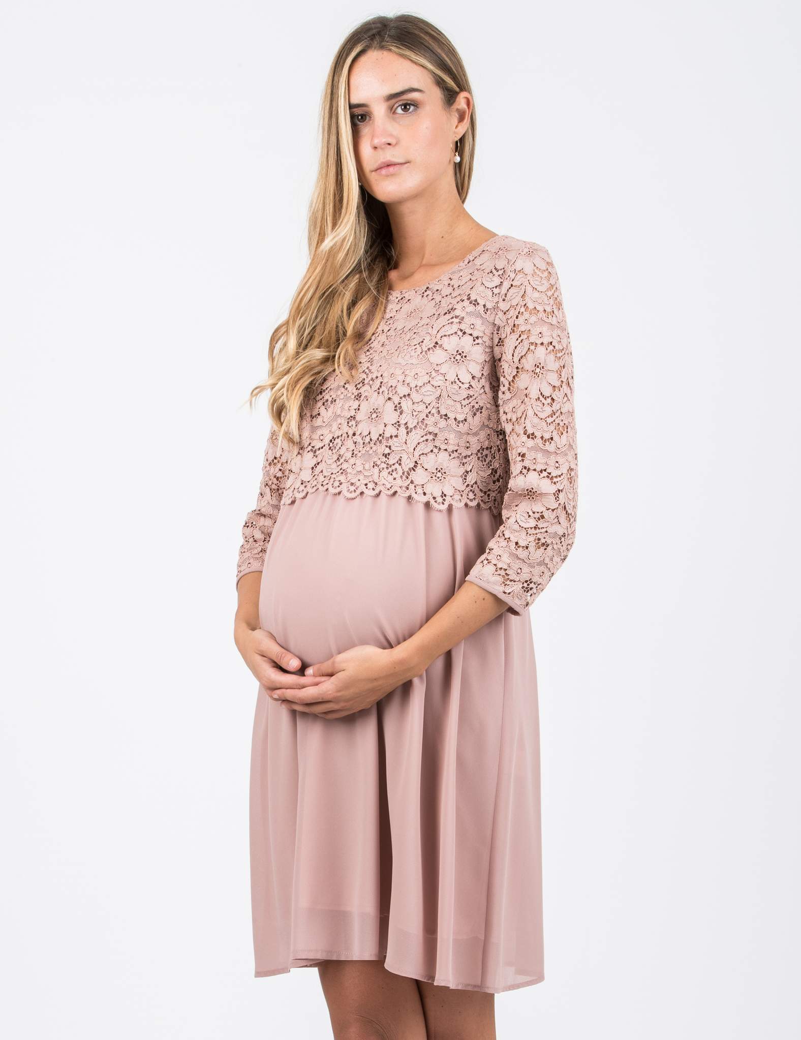 ELEONORA - Lace and Chiffon Maternity & Nursing Dress (Cipria)